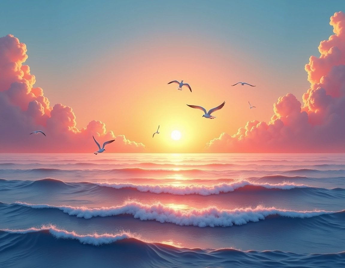 Create an image featuring a vibrant sunrise over a vast ocean. Replace the clouds with gentle waves and add a few seagulls in the sky. Use a warm color palette with shades of orange, pink, and blue to evoke a peaceful morning atmosphere. Remove all brand references and make it a serene natural scene.