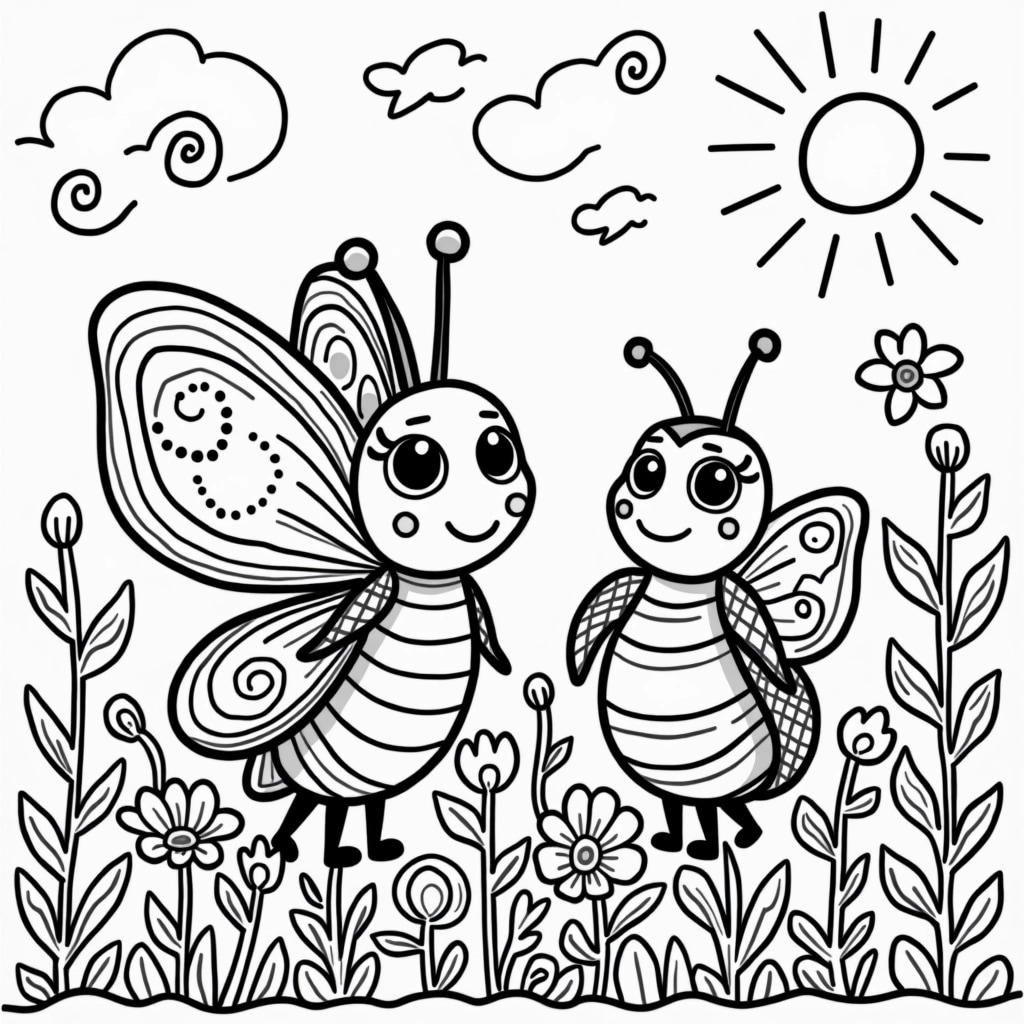 Create a whimsical illustration featuring two cartoonish insects standing in a vibrant garden setting.
1. **Insects**:
- Change one insect to resemble a butterfly with large, swirling wings, decorated with geometric patterns.
- The other insect should look like a round, smiling ladybug with small spots, retaining large expressive eyes.
2. **Background**:
- Include various types of oversized, stylized flowers in the foreground, with simple, wavy shapes.
- Add abstract leaves of different sizes and shapes floating around them, using curvy lines to create a playful feel.
3. **Details**:
- Incorporate swirly clouds in the background and a sun peeking from one corner with rays extending outward.
- Use a mix of patterns on the insects and leaves for added texture.
4. **Coloring**:
- Design it to be black and white line art suitable for coloring, with clear outlines and various regions to be filled in.
This design encourages creativity while maintaining a fun and light-hearted aesthetic.