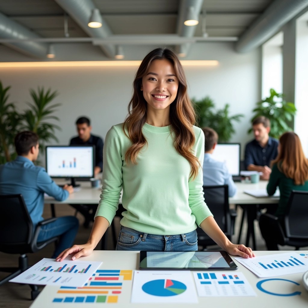 Create a modern office scene featuring a young woman in a light green, fitted sweater standing confidently at a desk covered with colorful charts and reports. Instead of a laptop, there should be a tablet displaying data visuals. In the background, various office workers can be seen engaged in discussions, surrounded by minimalistic decor and green plants. The overall color scheme should reflect a calm, professional atmosphere with soft lighting.