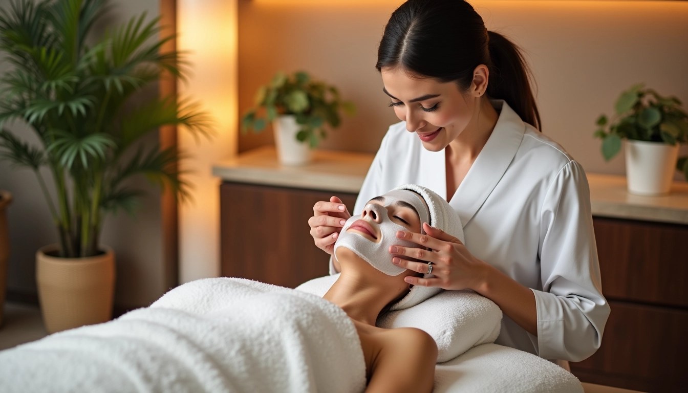 Create an image depicting a serene spa scene. Instead of a massage setting, show a relaxing facial treatment with a professional applying a mask to a client. Change the gender and attire of the therapist to a woman in a spa uniform. The background should feature soft, ambient lighting and potted plants for a calming atmosphere, without any brand logos or specific product references. The client should be lying on a treatment bed, looking content and relaxed.