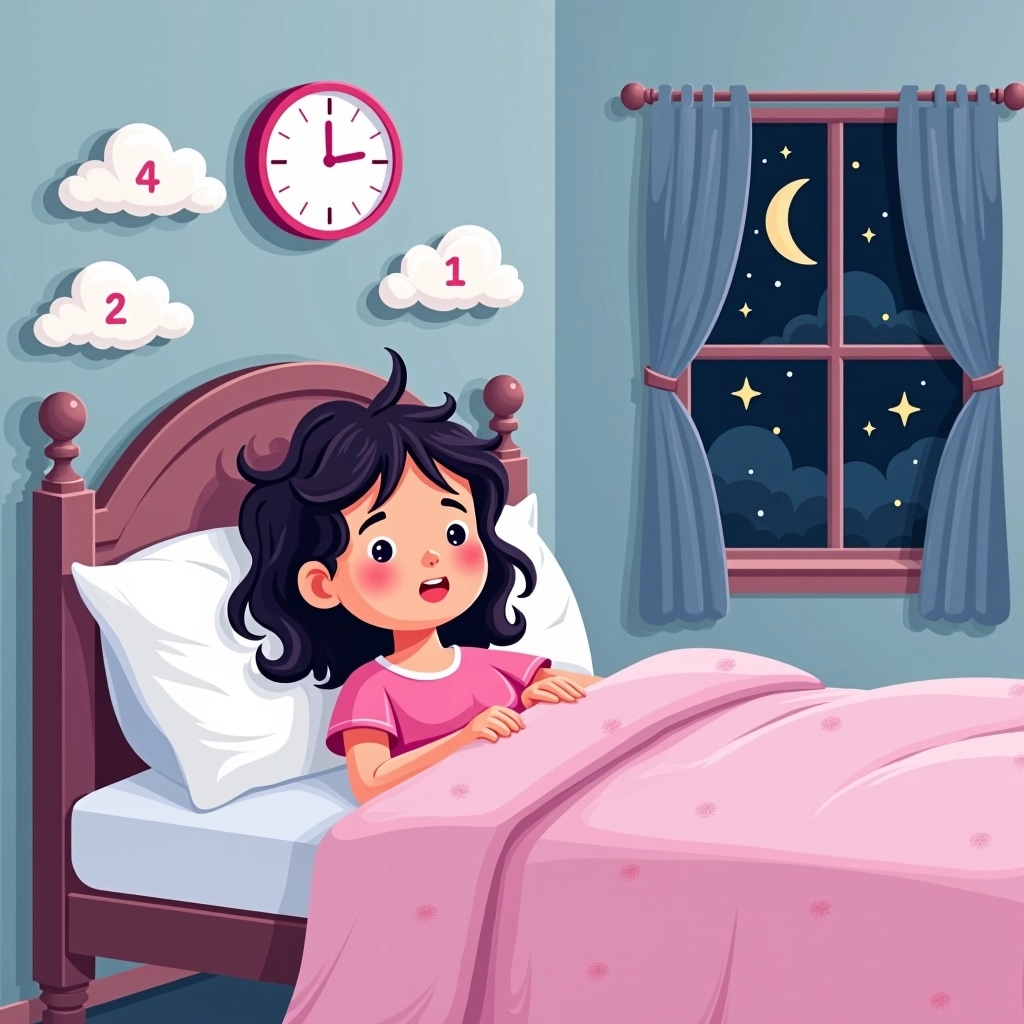 Create an illustration featuring a character in bed, unable to sleep. The character should be a woman with messy hair, wearing a bright pink nightgown. Above the bed, instead of sheep, there should be playful, cartoonish clouds with numbers floating by, counting up from 1. The clock on the wall should show a different time, like 3:15 AM, and the room should have a whimsical decor with stars and a crescent moon visible outside the window. The overall color scheme should be soft pastels to create a calming atmosphere.