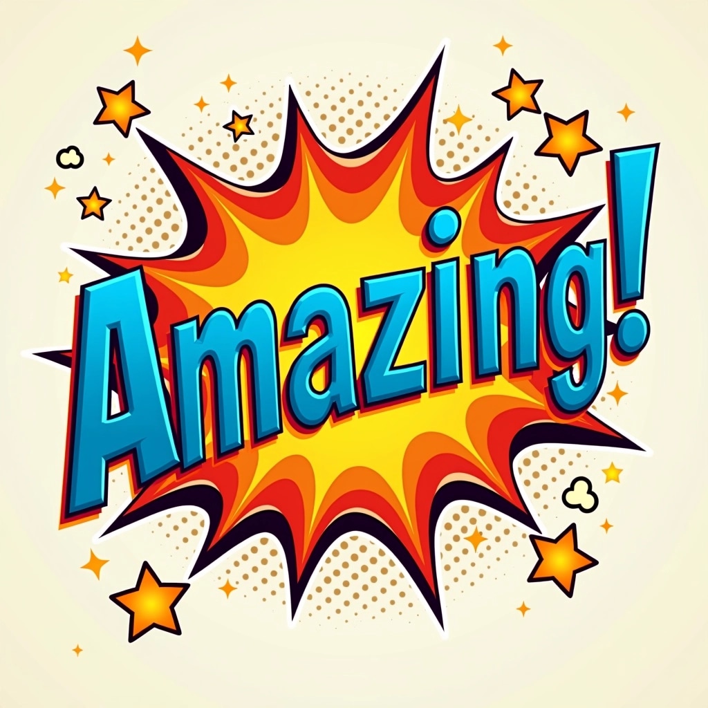 **Prompt:**
Create a comic-style burst graphic. Use a vibrant orange for the burst shape instead of red, and modify the text to say "Amazing!" in a large, bold, blue font. Change the surrounding dots to a starry pattern and include small, whimsical clouds instead of stars around the burst.