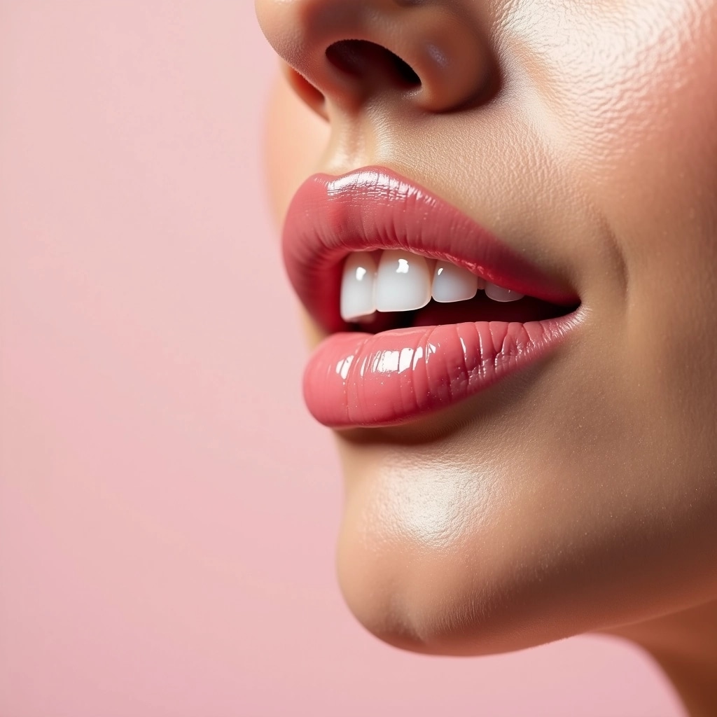 Create an image featuring a close-up of a pair of lips slightly parted. The lips should have a natural, soft pink hue with a glossy finish, showing a hint of white teeth. The skin surrounding the lips should appear smooth and radiant, reflecting a healthy glow. The background should be a subtle, blurred pastel color to keep the focus on the lips, without any brand references.