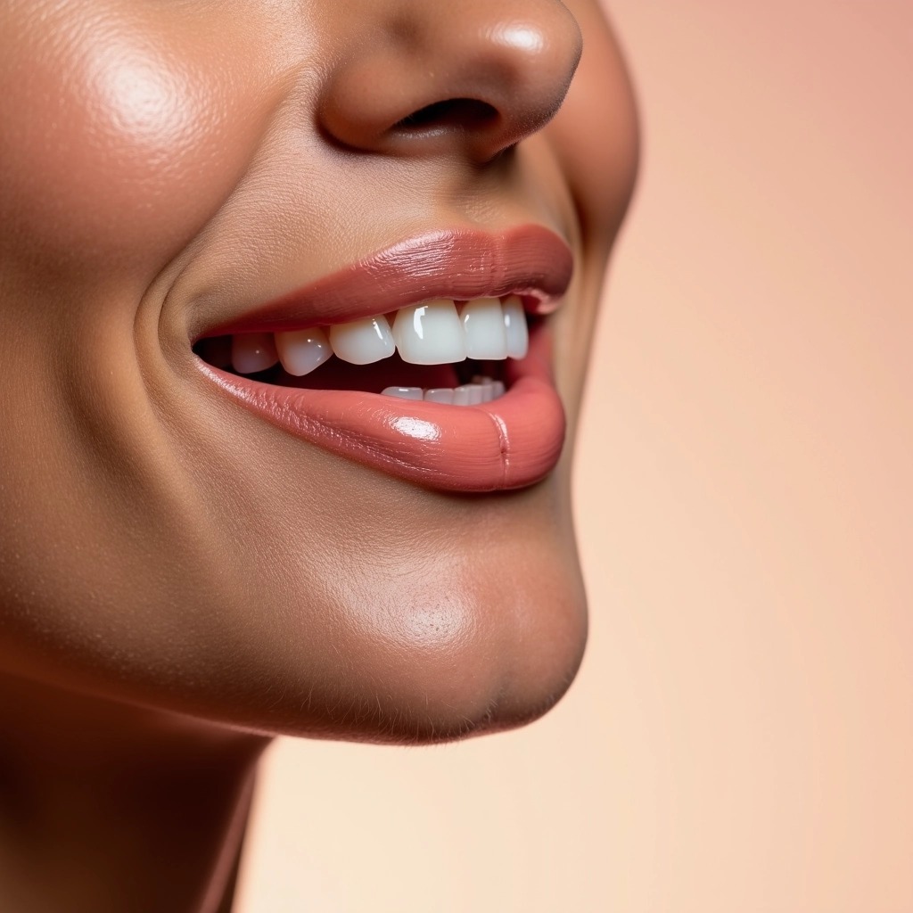 Create an image featuring a close-up of a person's mouth with slightly fuller lips, using a soft peach lip gloss instead of clear. The teeth should appear a bit more rounded, and the skin tone should reflect a warm bronze undertone. The background should be a gentle gradient, transitioning from light cream to soft blush, without any brand logos or identifiable features.