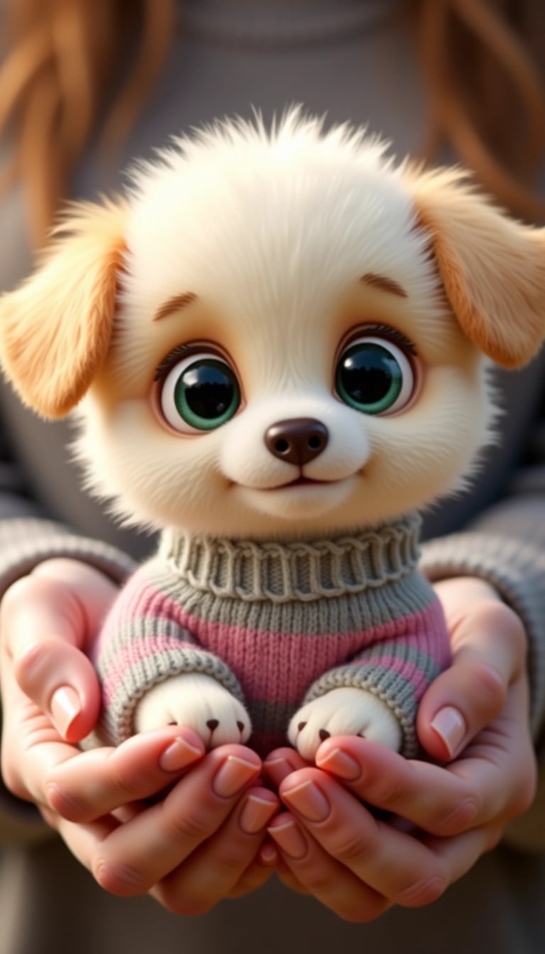 Create an image of a fluffy, animated dog character with oversized, sparkling green eyes, featuring a soft cream-colored fur coat. The dog should be dressed in a cozy, knitted sweater with alternating stripes in pastel pink and gray. It should be cradled in a pair of gently cupped hands with well-manicured nails. The background should have a warm, blurred aesthetic to enhance the focus on the character being held.