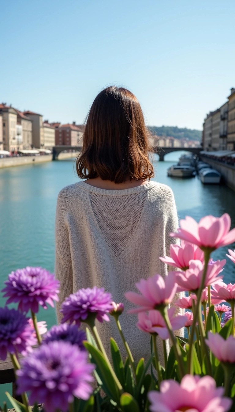 Create an image featuring a woman with medium-length hair, standing by a scenic riverbank. She should be facing away from the viewer, wearing a light-colored, oversized sweater. Surround her with a lush arrangement of colorful flowers, particularly purple and pink blooms, framing her silhouette. The background should include a clear blue sky and a distant view of buildings along the river, emphasizing a tranquil atmosphere. Remove any brand names or logos from the scene.