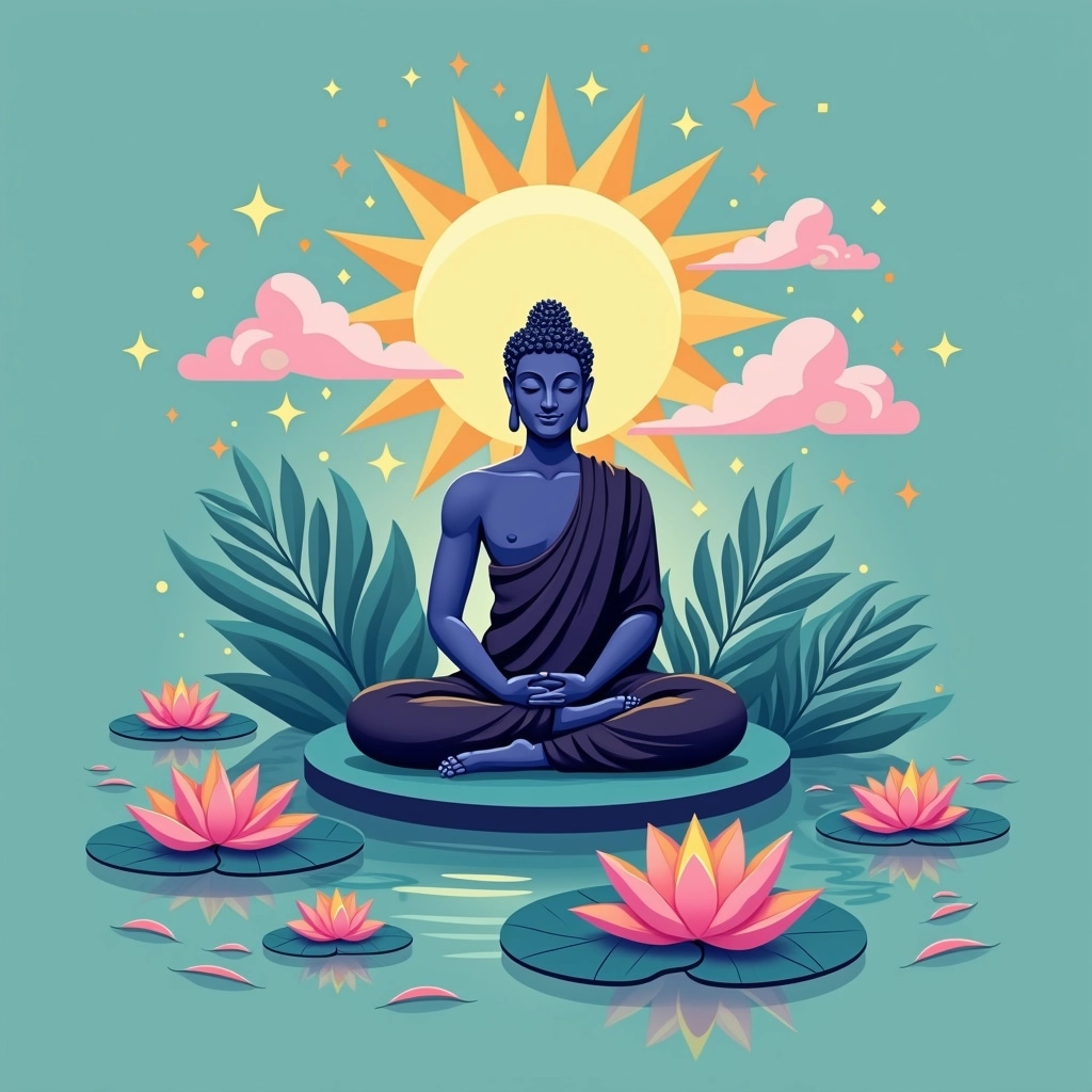 **Image Design Breakdown:**
1. **Background Color**: Replace the dark teal with a soft lavender gradient.
2. **Central Figure**: Instead of a Buddha, depict a serene abstract figure in a meditative pose, with flowing lines.
3. **Halo**: Change the circular halo to a radiant starburst effect in golden hues.
4. **Trees**: Transform the trees into stylized, abstract geometric shapes in a lighter color palette.
5. **Clouds**: Modify the clouds to resemble fluffy cotton candy, using pastel colors.
6. **Water Lilies**: Alter the lilies to be more abstract, resembling star-shaped flowers with vibrant colors like pink and turquoise.
7. **Leaves**: Change the lily pads to angular, colorful shapes that mimic confetti.
8. **Raindrops**: Replace raindrops with sparkling stars that fall gently around the figure.
This design maintains a tranquil theme while allowing for a more modern, abstract interpretation.