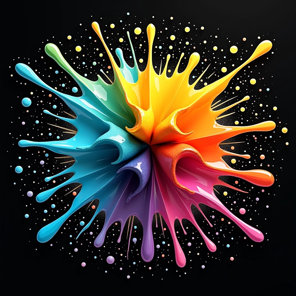 Create an abstract explosion of colors, featuring a dynamic burst of paint splashes radiating from a central point. Use a palette of vibrant hues such as teal, bright orange, sunny yellow, and deep magenta. Ensure the splashes vary in size and shape, some large and round while others are thin and elongated. Add a subtle shimmer effect to certain splashes to enhance depth, and set this against a stark black background for dramatic contrast.
