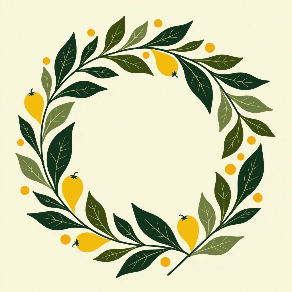 Create a circular design that features a variety of abstract leaf shapes and rounded forms. Instead of the original elements, incorporate stylized petals and small fruit-like shapes with a more vibrant color palette, such as bright greens and yellows. The background should remain a soft, neutral tone to enhance the brightness of the elements within the circle.