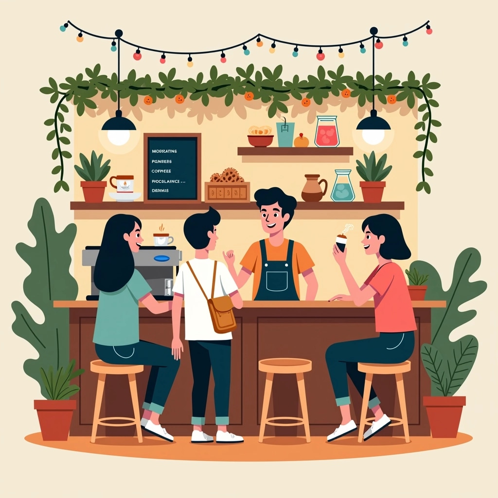 **Design Breakdown Prompt:**
1. **Setting:**
- Create a cozy café atmosphere with warm, inviting colors. Replace the existing furnishings with wooden tables and mismatched chairs for a rustic feel.
2. **Characters:**
- Feature three individuals: a barista with a quirky hairstyle, a customer with a tote bag, and a friend chatting animatedly. Change their outfits to more casual, colorful clothing without logo appearances.
3. **Counter Design:**
- Modify the counter by adding a chalkboard menu displaying playful drink names. Introduce small potted plants for a lively touch.
4. **Lighting:**
- Utilize soft fairy lights intertwined with greenery overhead instead of the current lamps.
5. **Background:**
- Substitute the existing décor with artfully arranged bookshelves and local artworks on the walls, creating a more artisan vibe.
6. **Additional Elements:**
- Include a coffee machine that looks vintage but is subtly modern, and replace any branded items with generic coffee mugs and pastries on display.
7. **Color Palette:**
- Opt for pastel shades mixed with earthy tones to enhance the inviting atmosphere.
This prompt allows for a creative reinterpretation while maintaining the essence of a vibrant café scene.