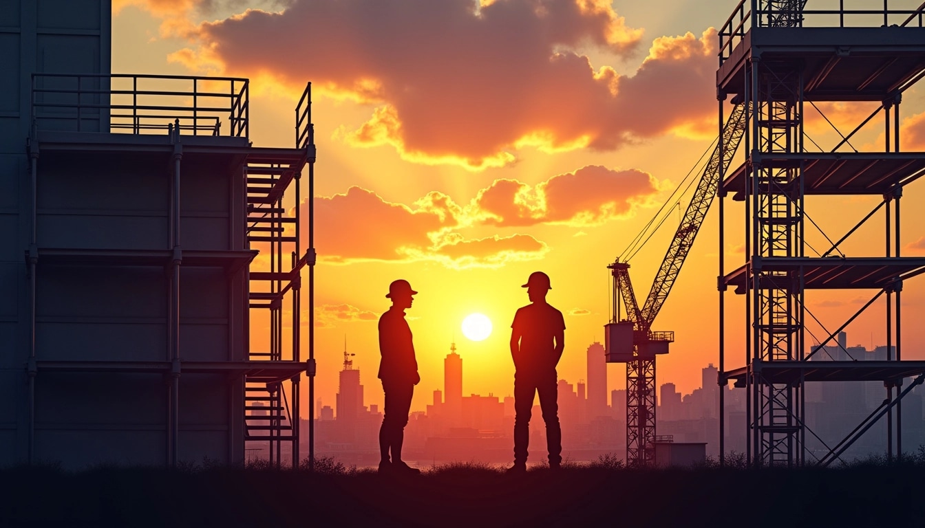 Create a silhouette image featuring two figures standing on a framework of modern scaffolding. The background should display a vibrant sunset with shades of orange, yellow, and deep blue, casting a warm glow around the structures. Change the setting to an urban area, incorporating elements like nearby buildings or cranes in the distance, while keeping the focus on the figures and the scaffolding.