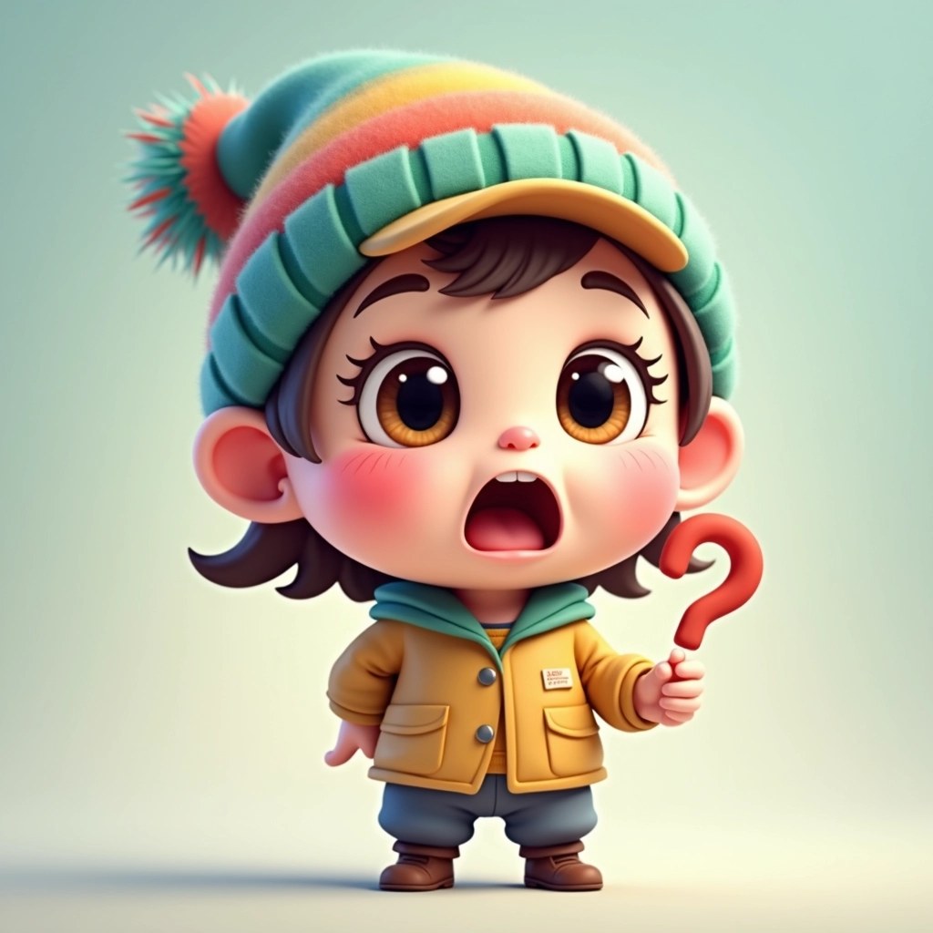 Create a cartoonish character with a round head, large, exaggerated eyes, and a surprised expression. Remove the cap and replace it with a colorful beanie. Instead of a lock, have the character holding a whimsical question mark. Adjust the skin tone to a light pastel hue and add rosy cheeks for a playful look. Ensure the background is a simple gradient to keep the focus on the character.