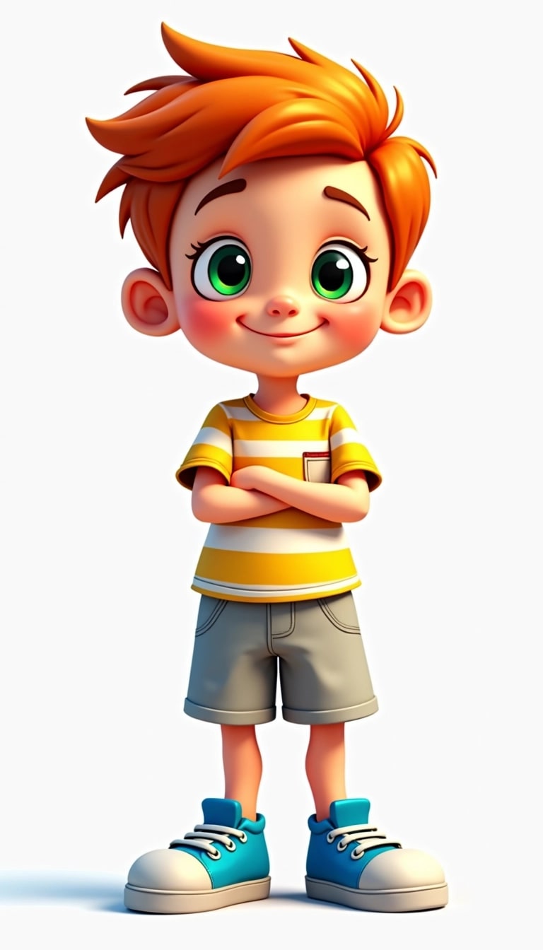 Create a character design of a cheerful young boy with the following features:
1. **Hair**: Short, spiky hairstyle in a vibrant orange color.
2. **Face**: Round face with big, sparkling green eyes and a wide smile.
3. **Outfit**: A striped yellow and white T-shirt with a pocket on the left side and light gray shorts.
4. **Footwear**: Bright blue sneakers with white soles.
5. **Pose**: Standing with arms crossed in front of him and a playful expression.
Ensure the design is colorful and appealing, aimed at a young audience.