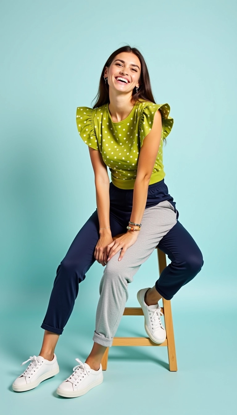 ### Design Breakdown Prompt
1. **Model Pose**: A woman sits sideways on a chair, smiling brightly, one leg crossed over the other.
2. **Top**: Replace the yellow polka-dotted blouse with a vibrant green crop top featuring ruffled sleeves.
3. **Bottoms**: Change the navy leggings to light grey joggers, relaxed fit.
4. **Footwear**: Switch the sandals for white sneakers with a subtle design.
5. **Background**: Use a soft pastel blue instead of the bold pink backdrop for a calm vibe.
6. **Chair Style**: Alter the chair to a minimalist wooden design with a natural finish.
7. **Accessories**: Instead of earrings, add a simple bracelet on one wrist.
8. **Lighting**: Brighten the overall image for a cheerful, fresh ambiance.
9. **Tagline**: Substitute the hashtag with something like #EverydayChic.
10. **Expression**: The model's smile should be natural and inviting.
These changes maintain the casual aesthetic while introducing new elements.