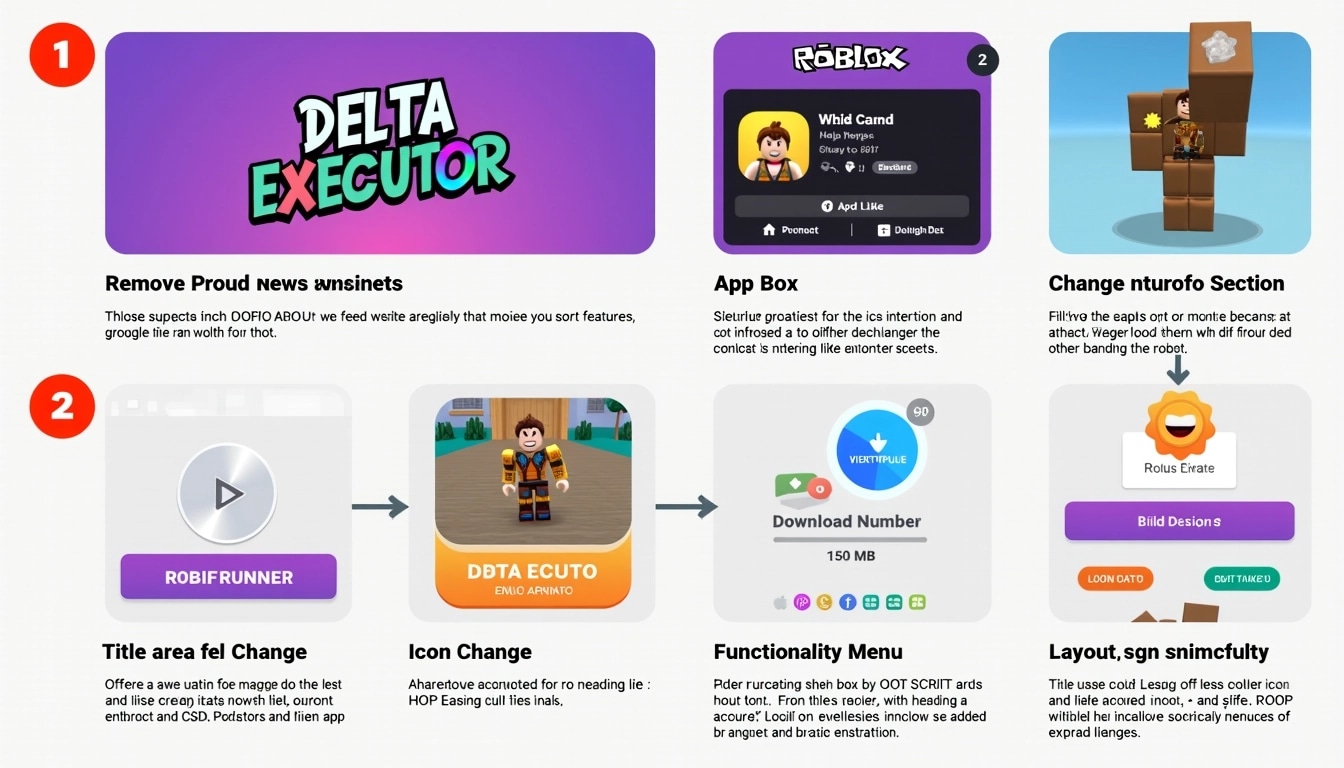 **Image Design Breakdown:**
1. **Title Area:**
- Replace "ROBLOX" with a new game title in a bold, playful font at the top.
- Change the background color to a solid, vibrant shade.
2. **App Box:**
- Modify the app name from "DELTA EXECUTOR" to something like "SCRIPT RUNNER".
- Change the version number format and details (e.g., "V123.456" with a different size).
3. **File Info Section:**
- Update the file size to reflect a different number (e.g., "150 MB").
- Alter the color of the download button to a gradient.
4. **Icon Change:**
- Replace the ninja icon with a unique character icon (maybe a robot or fantasy creature).
5. **Functionality Menu:**
- Retain the layout but replace "ADD SCRIPT," "HOHO HUB," and so on with different fictional functions (e.g., "LOAD SCRIPT," "SCRIPT CENTER").
6. **Styling Adjustments:**
- Use different accent colors for text and buttons to enhance visual appeal.
- Include playful graphics or decorative elements in the background for added interest.
7. **Layout:**
- Maintain the overall structure but consider slight shifts in elements to create a fresh aesthetic.
This design maintains a similar structure while removing brand references and introducing new features.