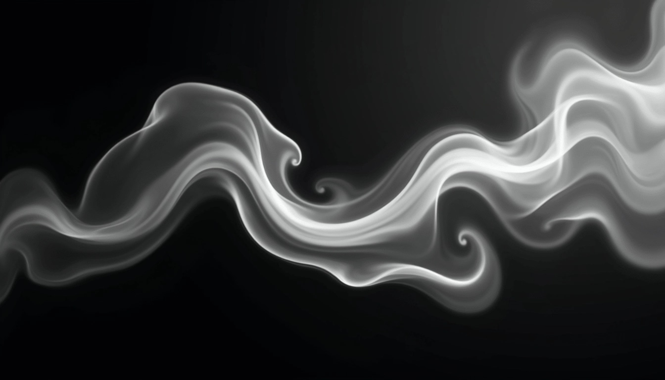 Create an abstract design featuring ethereal, swirling wisps of soft gray smoke gracefully moving across a stark, dark background. Alter the smoke's dynamics to include gentle, flowing curves, and introduce varying opacity levels for a more layered appearance. Replace the uniformity of the smoke with more textured patterns, resembling delicate fabric. Ensure there are no brand references or logos in the composition.