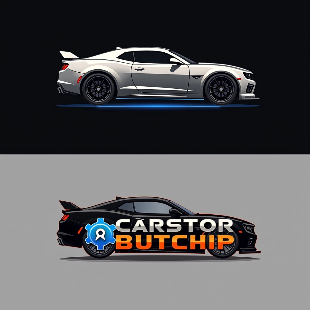 **Design Breakdown:**
1. **Color Scheme**:
- Change from silver and blue to matte black and electric orange for a more modern and dynamic feel.
2. **Car Outline**:
- Alter the car silhouette to feature a more aggressive, angular design, incorporating sharper edges and a sportier stance.
3. **Text Style**:
- Modify the font to a bold, sans-serif typeface that conveys strength. Eliminate any shadow effects for a flatter appearance.
4. **Symbol**:
- Replace the gear icon with a stylized wrench or tool symbol, integrating it into the car outline.
5. **Background**:
- Transition from a dark gradient to a simple, solid dark gray background for clarity and focus on the logo.
6. **Additional Elements**:
- Add subtle lines or accents to suggest motion, giving the design a sense of speed and agility.
7. **Overall Layout**:
- Center the text below the car silhouette, balancing the composition and ensuring legibility against the background.
By implementing these changes, the design will have a fresh look while maintaining its automotive theme.