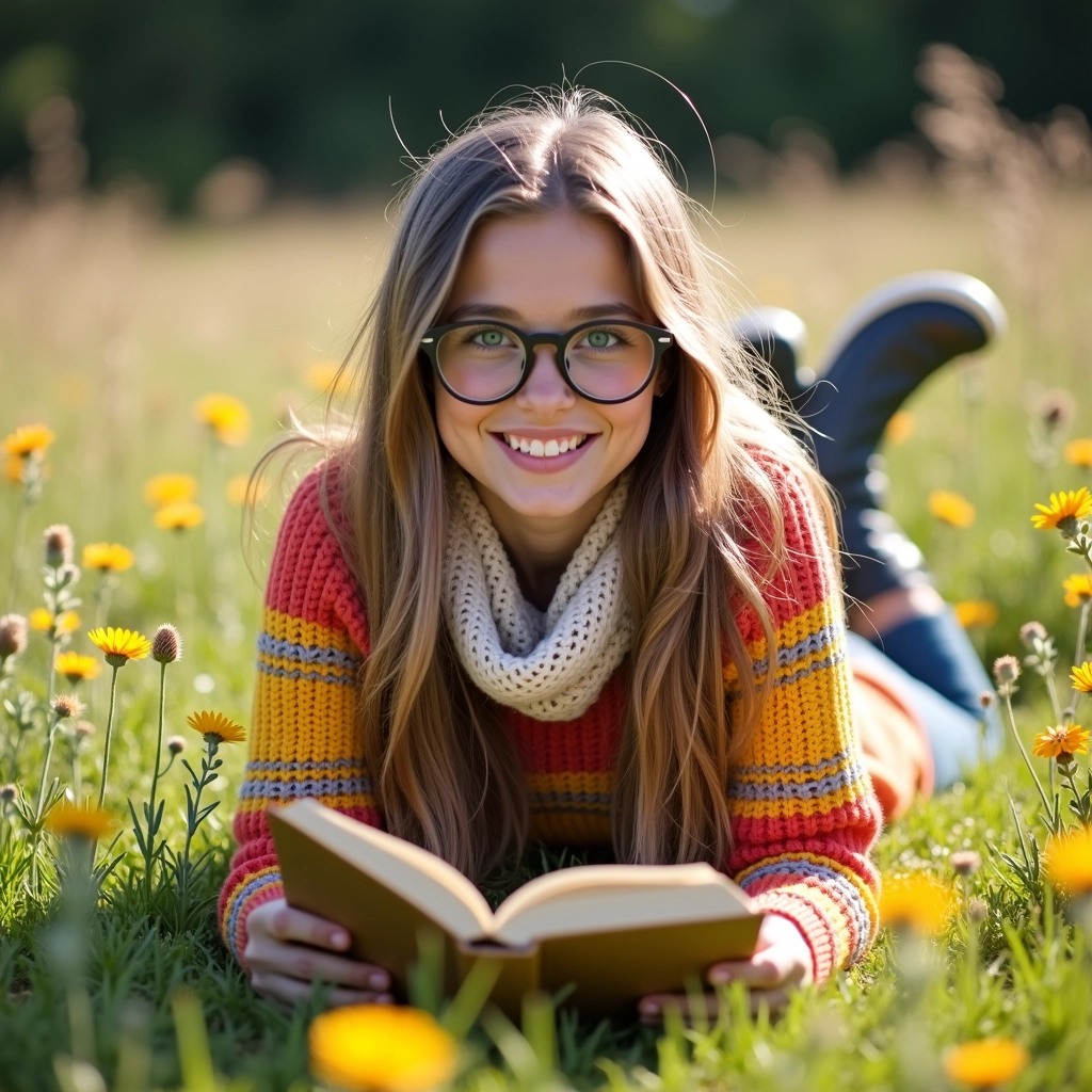 Create an image of a young woman lying on her stomach in a grassy field, reading a book. She has long, wavy hair and is wearing a cozy, oversized sweater with bright colors, no visible logos. She should be wearing round glasses and a playful smile. Instead of rain boots, she has cute sneakers. Surround her with wildflowers and a sunny background to convey a light, cheerful atmosphere. Add a soft scarf draped around her neck for extra warmth.