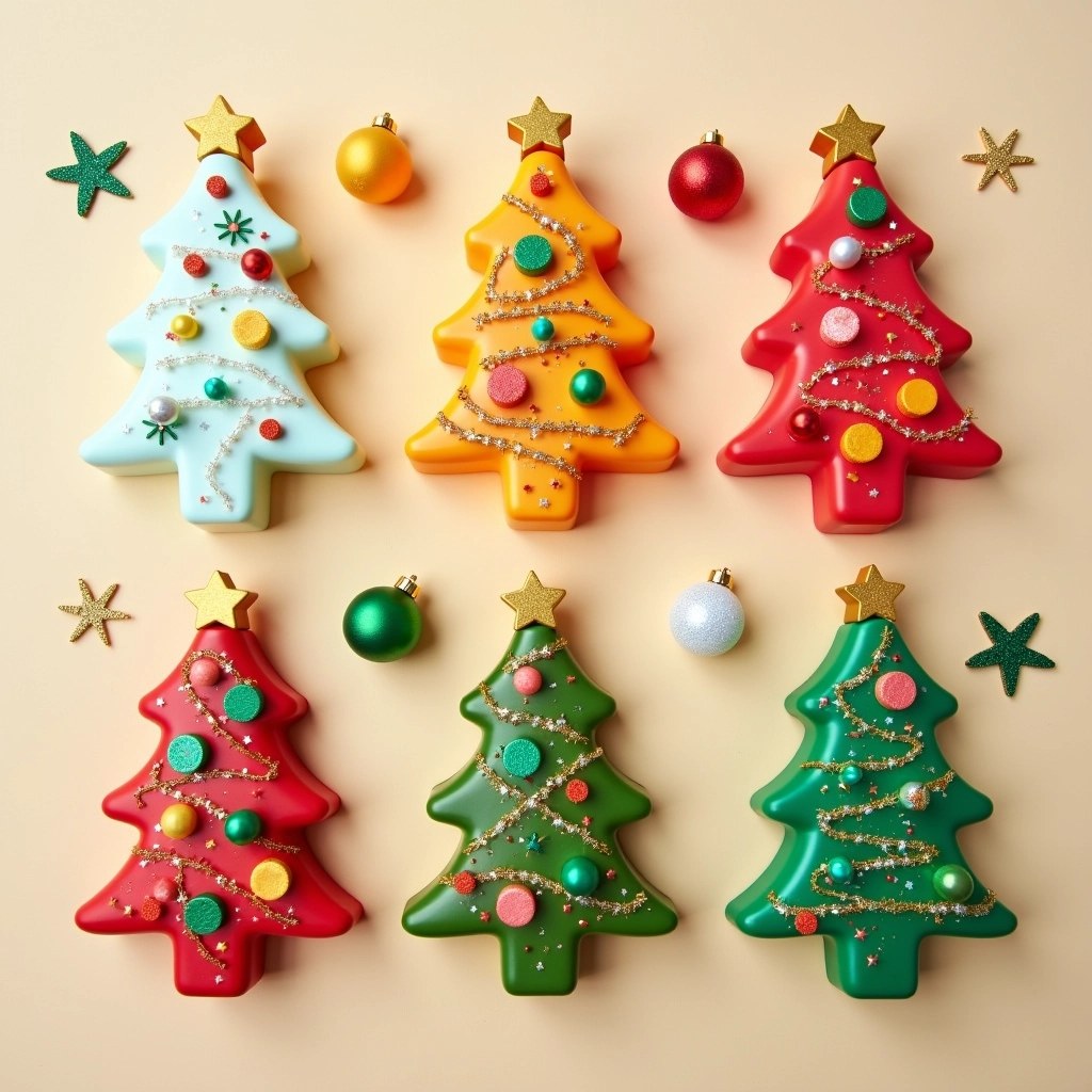 Create an image featuring six products shaped like Christmas trees, arranged in a playful layout. Each tree should have a unique color scheme and decoration, using festive elements like stars, ornaments, and garlands, but avoiding brand names. Use charming labels with catchy titles that evoke holiday themes like "Sparkling Snow," "Cozy Fireplace," "Sugary Cookies," "Winter Wonderland," "Spiced Apple," and "Fresh Pine." Accompany the trees with small, shimmering ornaments or decorative elements scattered around them, set against a neutral, warm-toned background for a cozy festive feel.
