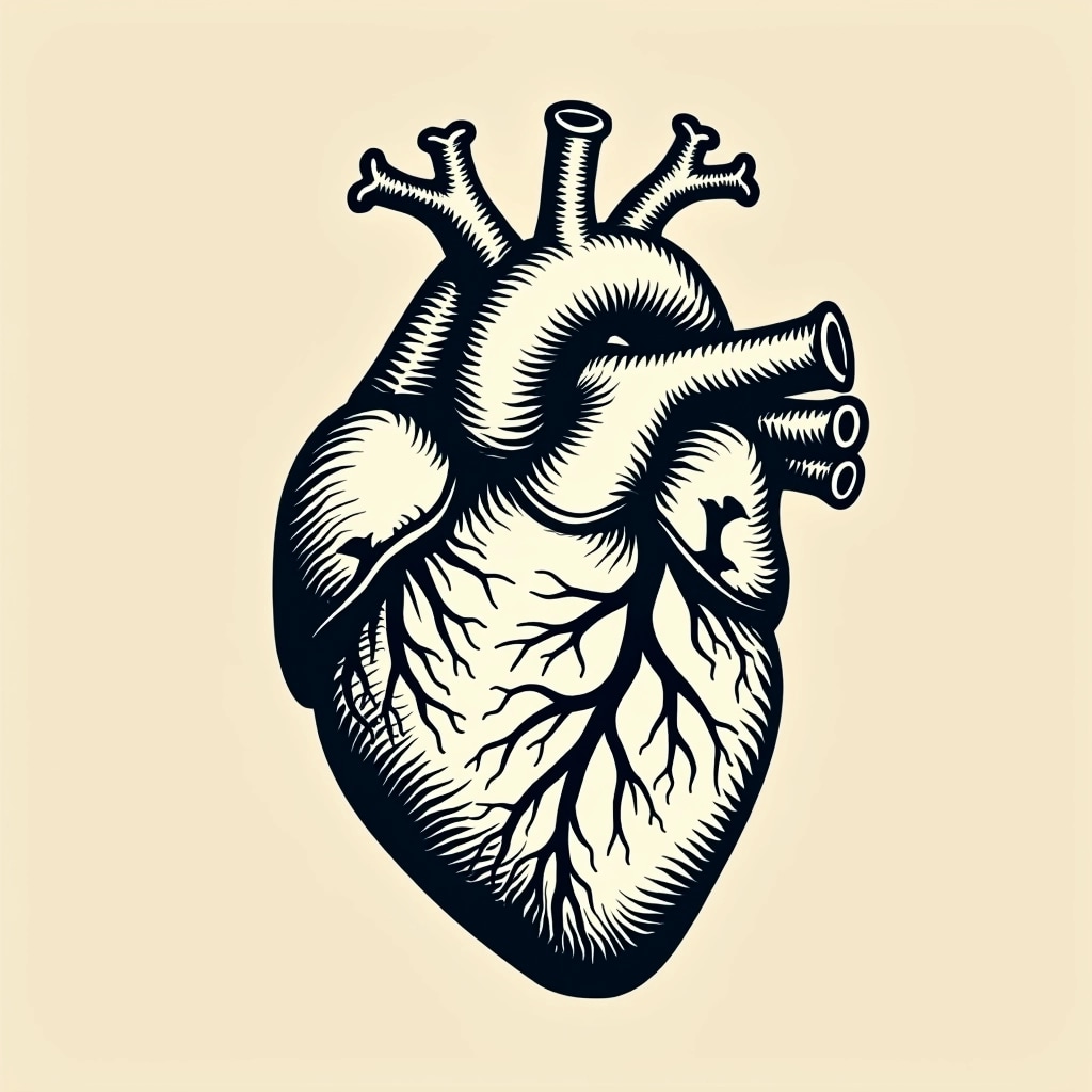 **Design Breakdown:**
1. **Subject**: A stylized anatomical heart.
2. **Outline**: Thick, bold lines create a strong silhouette.
3. **Detailing**: Intricate line work illustrating veins and arteries, emphasizing texture.
4. **Color Scheme**: Use monochrome with a dark outline and a lighter fill, or switch to a warm color palette.
5. **Background**: Minimalist, possibly a solid color or subtle gradient to enhance focus on the heart.
**Changes to Implement**:
1. **Heart Shape**: Modify the contours to make the heart slightly more abstract or symmetrical.
2. **Vein Design**: Change the vein patterns, making them curvier or more intertwined.
3. **Fill Color**: Introduce a vibrant color fill, like red or teal, instead of monochrome.
4. **Add Elements**: Consider incorporating geometric shapes or patterns in the background for added depth.
5. **Remove Brand References**: Ensure no logos or brand-specific elements are present in the design.