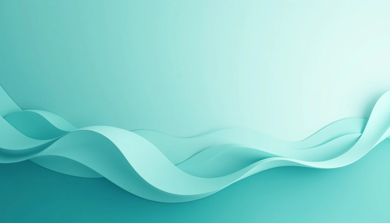 Create a calming background design featuring a gradient transitioning from deep teal at the bottom to a lighter aqua at the top. Introduce dynamic, sweeping curves across the image that mimic waves, using softer, more varied shades of white and light blue. Adjust the direction of the curves to flow diagonally from the bottom left to the top right, creating a sense of movement and depth while maintaining a serene overall feel.