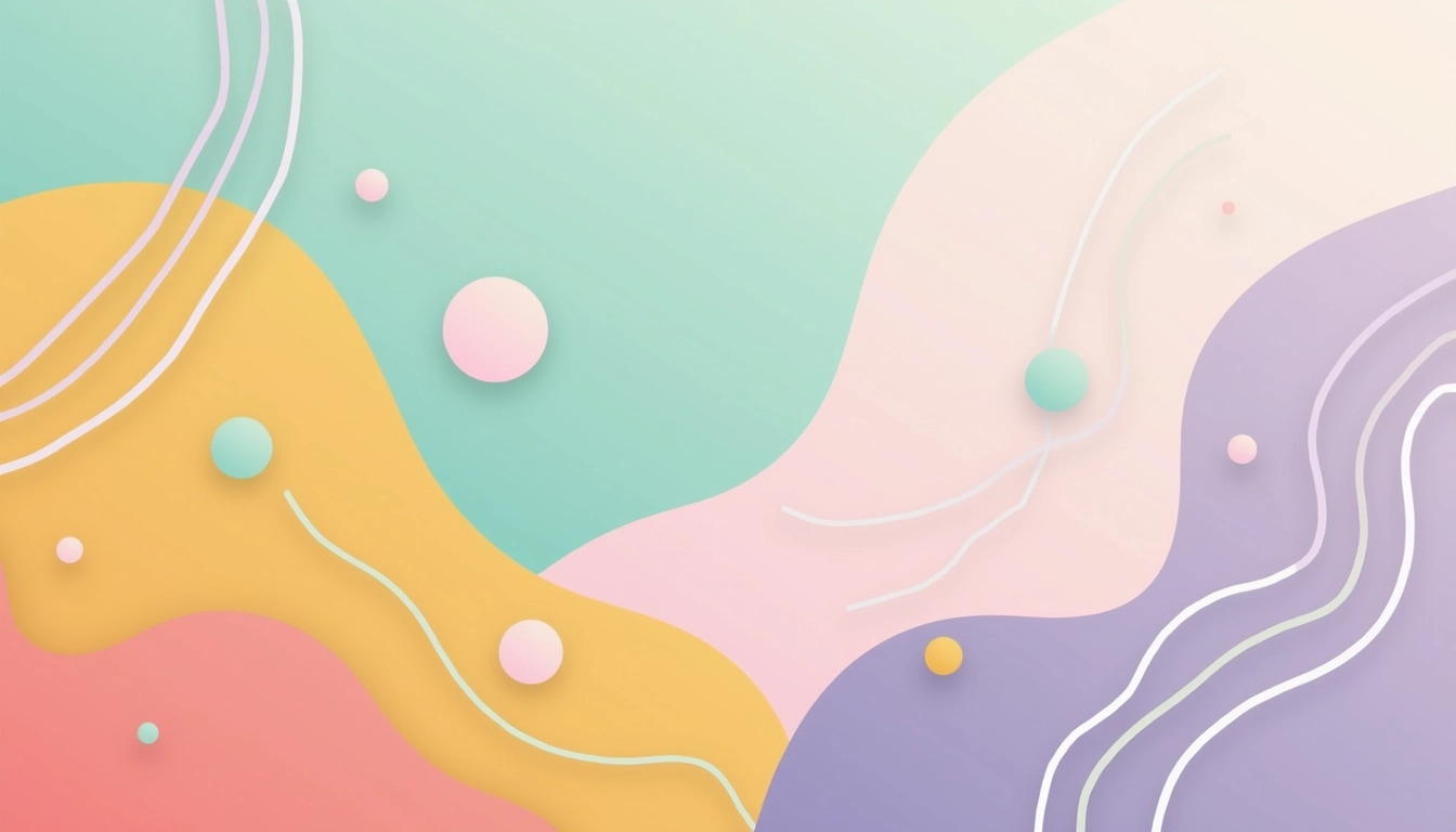 Create an abstract design featuring a gradient background transitioning from light teal to soft lavender. Incorporate flowing, wavy shapes in shades of coral and mustard yellow. Add circular elements of varying sizes in pastel pink and mint green. Ensure the composition has a light and airy feel with subtle white line accents weaving through the shapes to create depth and movement.