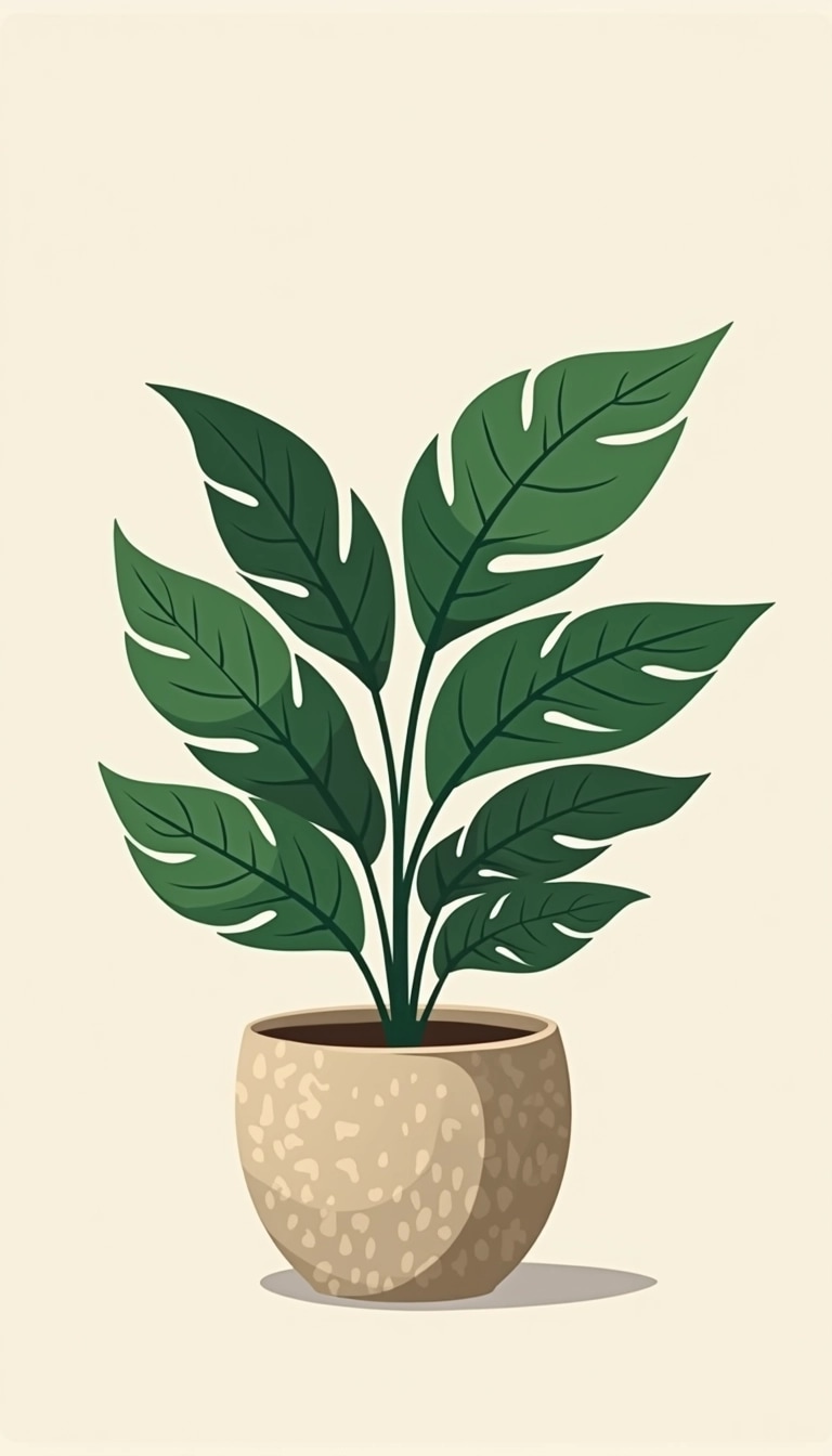 Create an illustration of a lush green plant featuring small, oval-shaped leaves clustered closely together. Change the color of the leaves to a vibrant dark green and adjust the shape to be slightly elongated rather than heart-shaped. Add a textured pot in a neutral tone and position the plant against a light, neutral background for contrast. Aim for a peaceful and inviting atmosphere in the design.