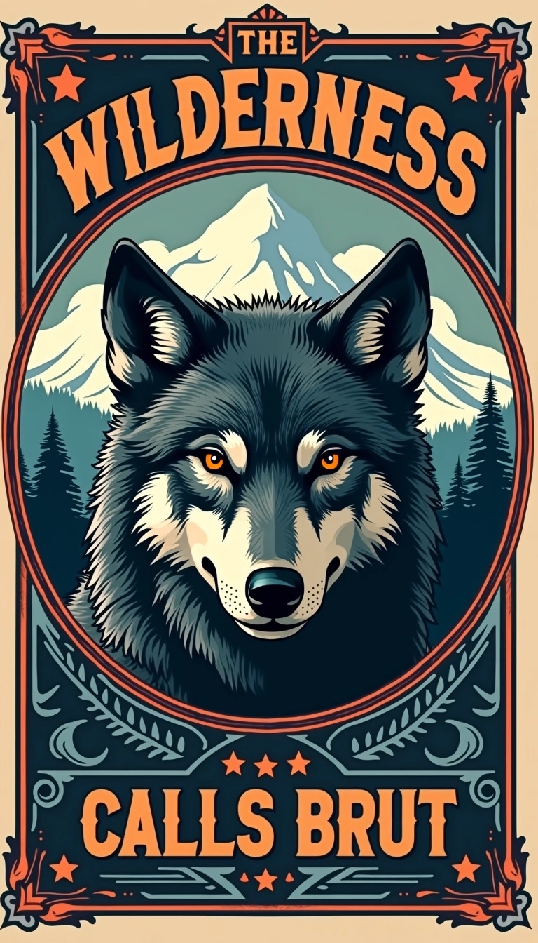 Design a vintage-style poster featuring a fierce-looking wolf with striking eyes, centered in an ornate circular frame. Replace the background with a stylized mountain landscape and dramatic clouds. Instead of text related to a motorcycle club, use a creative name for a wilderness explorer group in a bold, rugged font at the top. Incorporate decorative elements like pine trees and stars around the border for added flair.