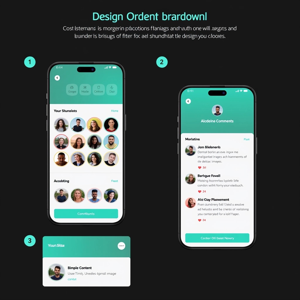 Design Layout Breakdown:
1. **Grid Structure**: Organize images in a 2x3 grid layout for a clean, easy browsing experience.
2. **Image Thumbnails**: Maintain a uniform size for all thumbnails, ensuring consistency. Use rounded corners for a modern look.
3. **Background Color**: Use a dark background to create contrast with the images, enhancing visibility.
4. **Interaction Elements**: Integrate small icons for likes and comments beneath each image, using simple shapes (e.g., heart for likes, speech bubble for comments).
5. **Header Bar**: Include a header with simple navigation icons (e.g., home, messages, location), using a bright color like teal for highlight.
6. **Footer Section**: Reserve space at the bottom for ad placements, using a subtle gradient that fades into the background color to maintain focus on content.
7. **Font Style**: Use a clean, sans-serif font for readability, with varying sizes for likes and comments. Ensure the text contrasts well against the background.
8. **Image Content Placeholder**: Use generic placeholders for images, like abstract shapes or muted colors, to replace the specific subject of the images, ensuring no brand or explicit content is present.
9. **Ad Space**: Feature a section with a simple call-to-action in a contrasting color, avoiding any specific brand names.
This revised design prioritizes a user-friendly interface while ensuring all specific references and sensitive content are removed.