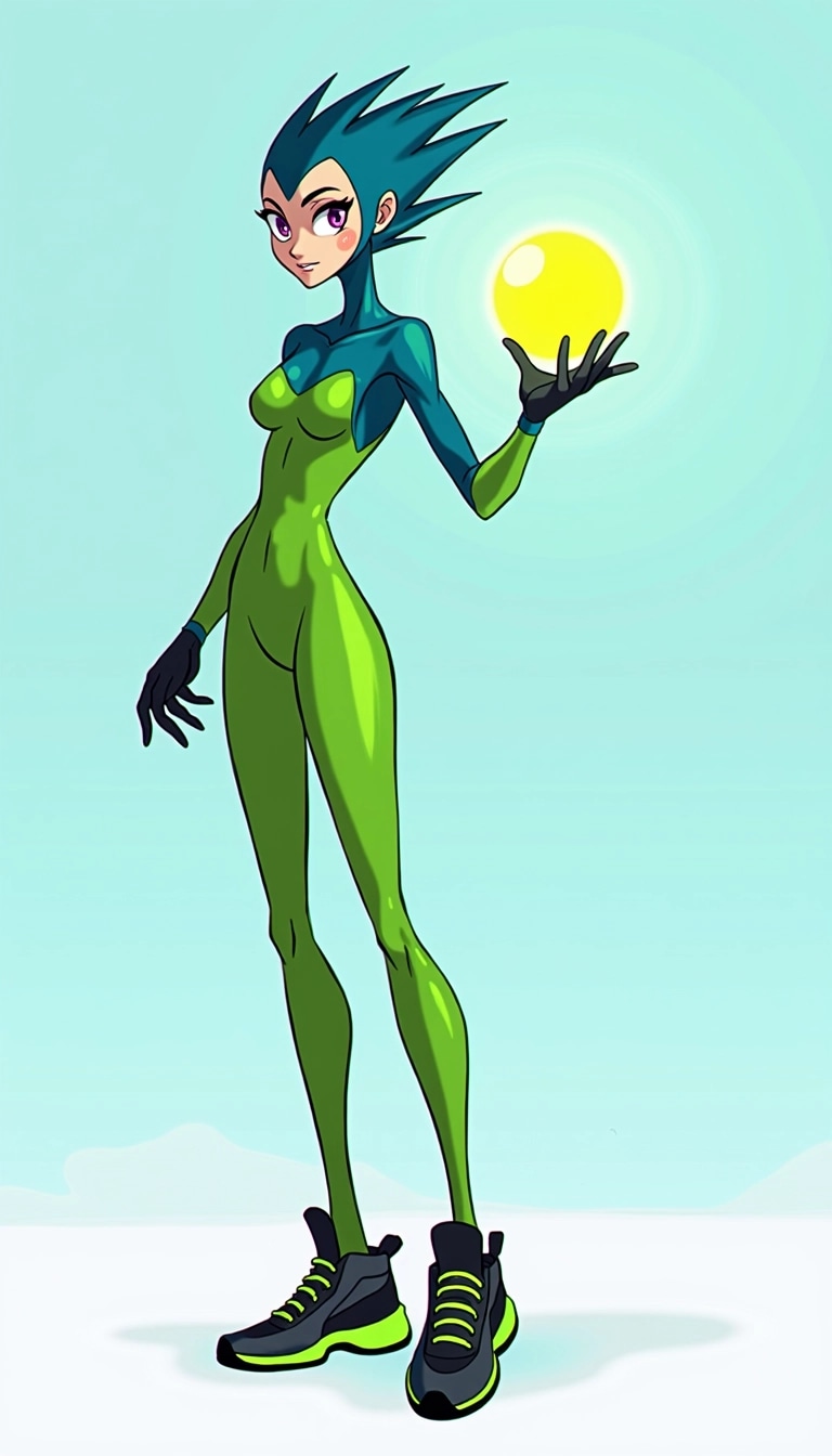 **Character Redesign Prompt:**
1. **Color Palette:** Change the character's primary color from blue to a vibrant green.
2. **Body Shape:** Modify the character's physique to be more streamlined, giving it a slightly taller and leaner appearance.
3. **Facial Features:** Change the eye shape to be more oval and shift the smile to a playful grin with pronounced cheek markings.
4. **Clothing:** Replace the shoes with sleek, futuristic sneakers in dark gray with neon accents. Use a minimalistic outfit design for enhanced agility.
5. **Accessories:** Instead of holding a ring, the character can hold a glowing orb that resembles a power source or energy sphere.
6. **Spikes:** Alter the hair/spikes to be longer and more dynamic, giving a sense of movement even while stationary.
7. **Pose:** Instead of a confident stance, have the character in a dynamic running pose to convey speed and agility.
8. **Background:** Use a simple gradient of light blue to white as the background to enhance the character's vibrant colors without any brand references.
This sets a new, unique character design while maintaining an energetic and playful aesthetic.