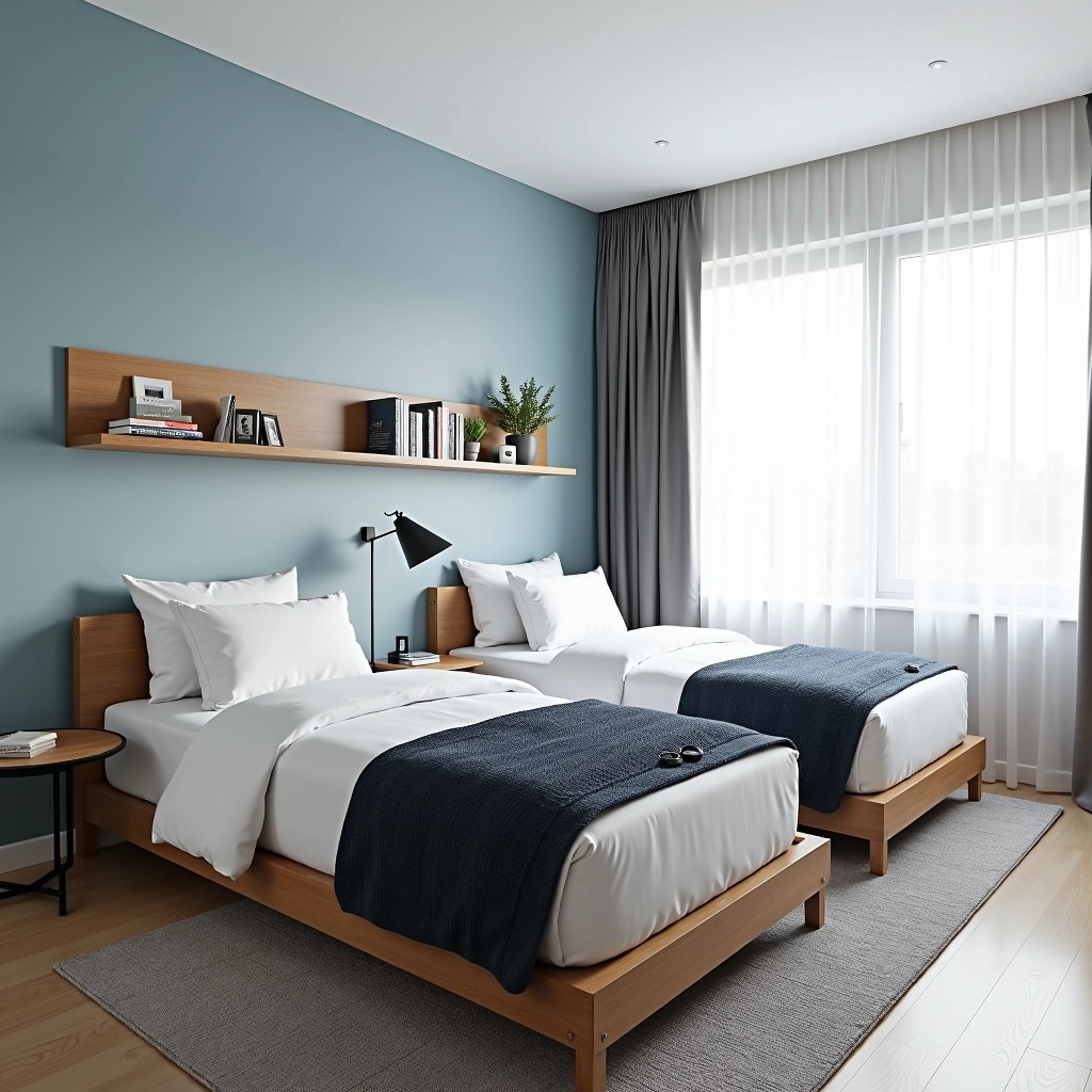 Create a bedroom design featuring two single beds with a modern aesthetic. Use a light blue accent wall instead of the current pattern, and place a wooden shelf above the beds without any decorative items. Replace the bedding with simple white linens and a textured navy throw. Position a sleek floor lamp between the beds and add a small round table instead of the nightstand. Introduce a large window with sheer white curtains for a bright, airy feel. Eliminate any visible brand logos or names.