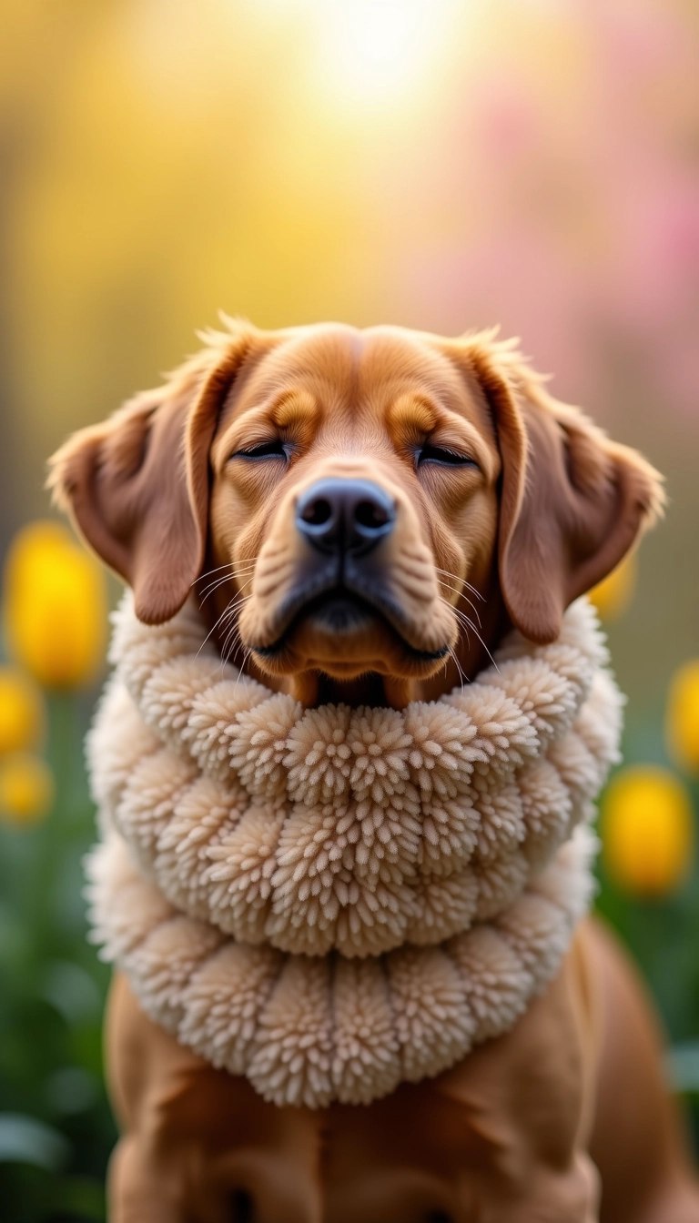 Create an image of a brown dog with closed eyes, wearing a fluffy neck warmer made of a light tan fabric. The background should have soft, out-of-focus yellow and pink flowers, with a gentle, warm light filtering through the foliage, creating a serene and cozy atmosphere. The dog's expression should convey contentment and peace.