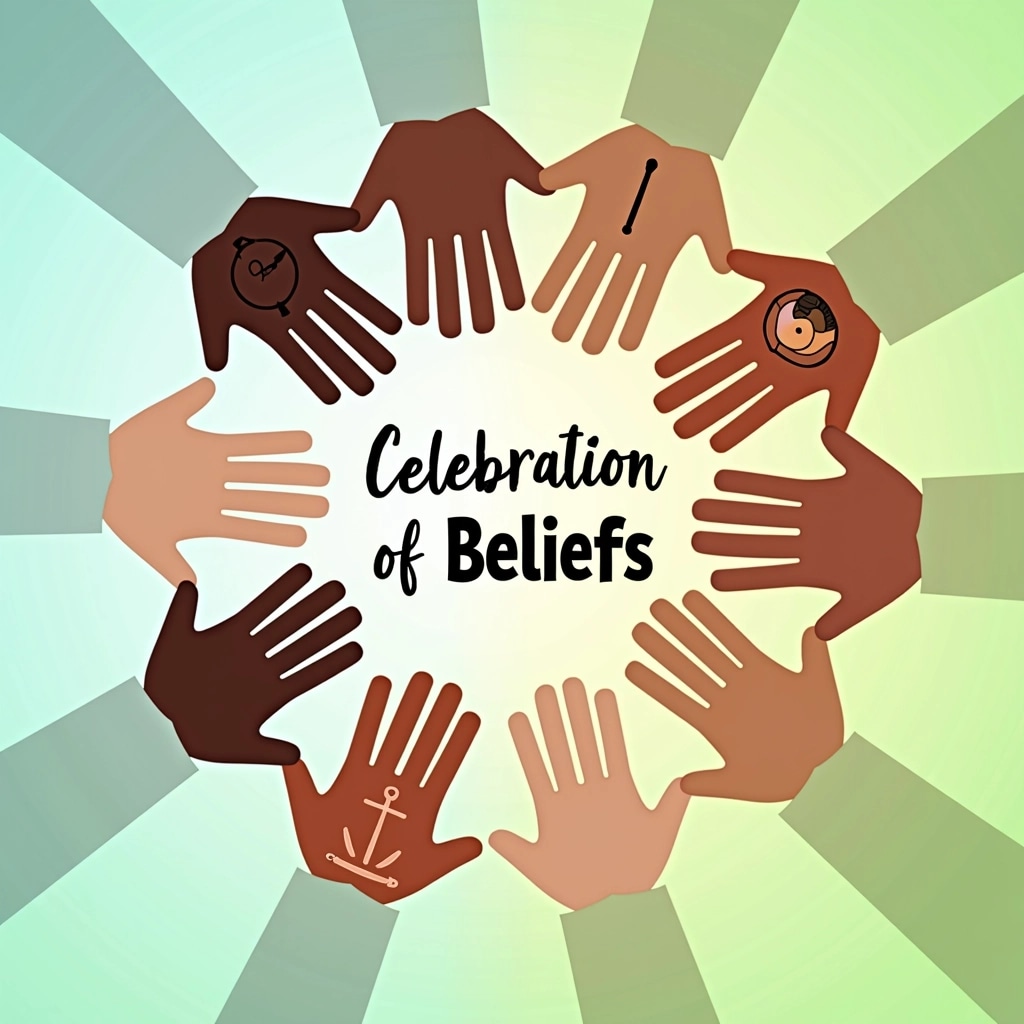 Create an illustration featuring eight diverse hands interlocking in a circular pattern. Each hand should display different symbols representing various philosophies, such as a yin yang, an anchor, a lotus flower, and a tree, among others. In the center, include the text "Celebration of Beliefs" in a bold, modern font. Use a vibrant, gradient background transitioning from light blue to green to convey unity and harmony. Adjust the skin tones of the hands to reflect a broader range of diversity.