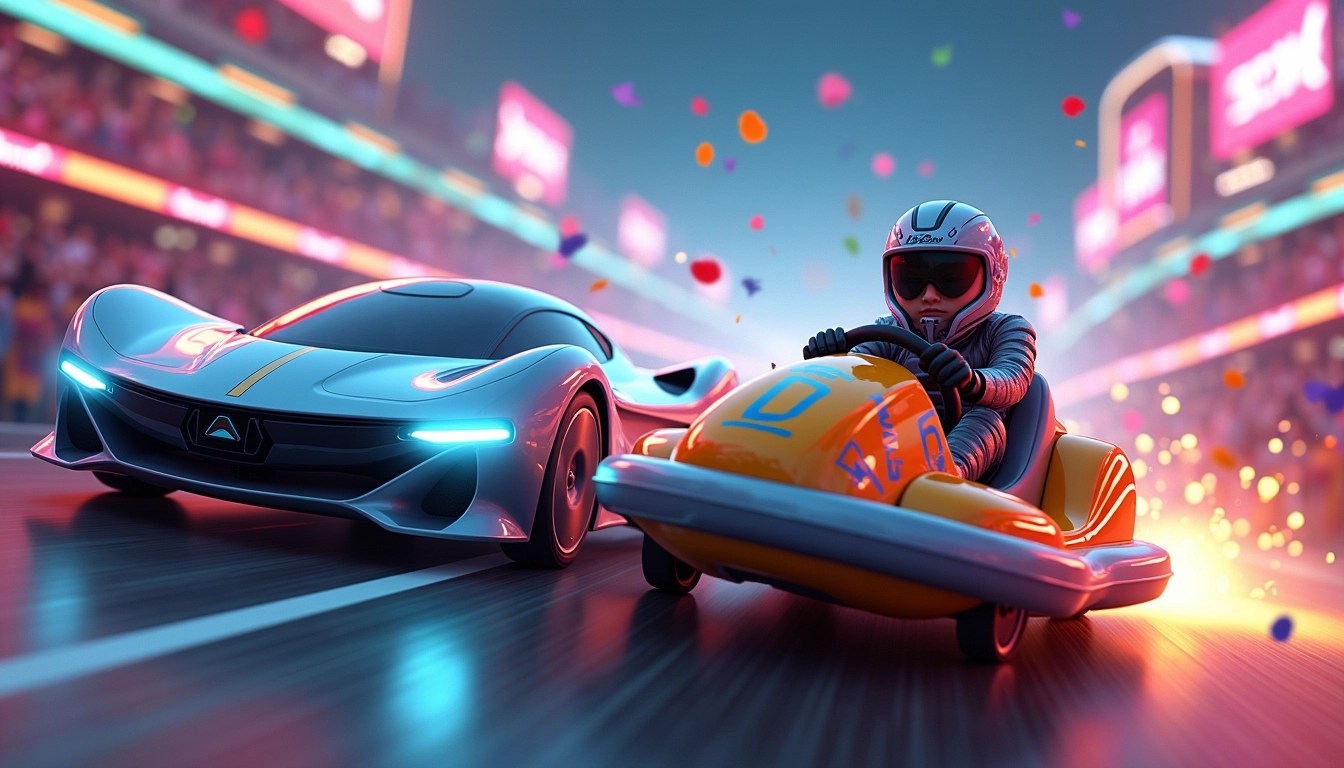Create a dynamic scene featuring a futuristic hover car colliding with a colorful bumper car. The hover car should be sleek and metallic, with neon lights illuminating its edges. The bumper car should be bright and playful, with bold stripes and a unique design. In the driver's seat of the bumper car, have a character in a high-tech racing suit and helmet, showcasing an intense expression. The background should resemble an amusement park arena, filled with vibrant lights, confetti, and a cheering crowd. Add effects like flying debris and sparks to emphasize motion and impact.