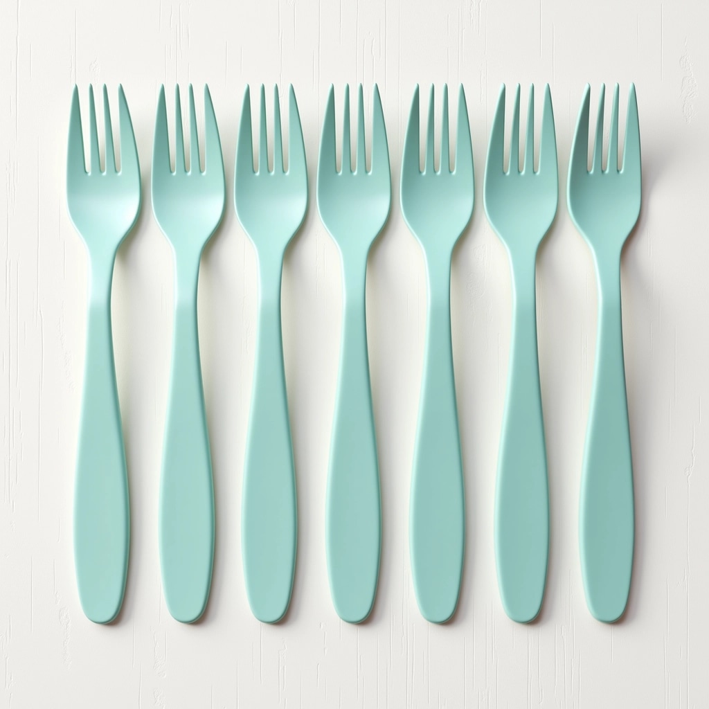 **Image Design Breakdown:**
1. **Main Elements**: Display a set of eight utensils resembling forks arranged in a neat row, with a sleek, modern design.
2. **Color Scheme**: Use a soft, pastel color like light blue or mint green instead of white.
3. **Details on Utensils**: Change the fork design to include smoother, rounded edges for a more contemporary look.
4. **Packaging**: Include two sets of utensils, each wrapped in a biodegradable paper sleeve instead of the clear plastic wrapper. The sleeve could feature a minimalist floral pattern.
5. **Background**: Opt for a light wood texture background instead of a plain white or colored background to add warmth to the image.
6. **Lighting**: Use soft, natural lighting to give a fresh, airy feel to the overall design.
7. **Overall Composition**: Maintain a clean and organized layout but rearrange the utensils so they're slightly fanned out to enhance visual interest.