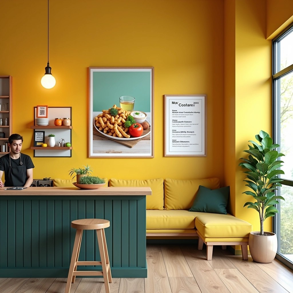**Design Breakdown:**
1. **Color Scheme:** Bright yellow walls to create a vibrant atmosphere. Consider using a soft pastel color like mint green for a more calming effect.
2. **Lighting:** A single hanging bulb for direct lighting. Swap it for a warm, decorative pendant light to enhance ambiance.
3. **Main Image:** Replace the food photo with an abstract art piece or a colorful landscape to shift focus from food to decor.
4. **Signage:** Change "CASHIER PLEASE PAY HERE" to a more inviting phrase, such as "We’re Happy to Help!" in a handwritten font.
5. **Menu Board:** Instead of displaying food prices, feature a list of daily specials with enticing descriptions. Use a chalkboard design for a rustic feel.
6. **Counter Features:** Remove the bell and QR code section; replace with a decorative plant or a small chalkboard showcasing the day's quote.
7. **Background Activity:** Instead of a person in a black shirt, illustrate a small kitchen scene with subtle movement, like a chef preparing food, to create a lively atmosphere.
8. **Textures:** Maintain the casual vibe, but add texture with wooden elements or plants to soften the space.
By changing these features, the space can shift from a food-centric focus to a more welcoming, abstract cafe atmosphere.