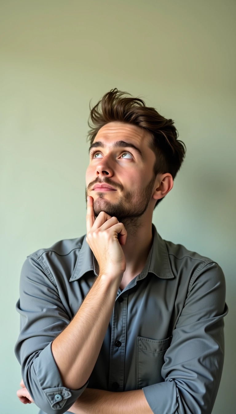 - Background: Soft pastel shade, such as light beige or mint green, to create a warm atmosphere.
- Subject: A young adult male with short, slightly tousled hair. He has a light stubble and is dressed in a plain, collared shirt, preferably in a muted color like light gray or navy blue.
- Pose: The subject is looking upwards with a thoughtful expression, resting his chin on his hand while his other arm crosses over his chest.
- Lighting: Soft, diffused lighting to enhance facial features without harsh shadows.
- Focus: Center the subject in the frame to draw attention to his contemplative expression.