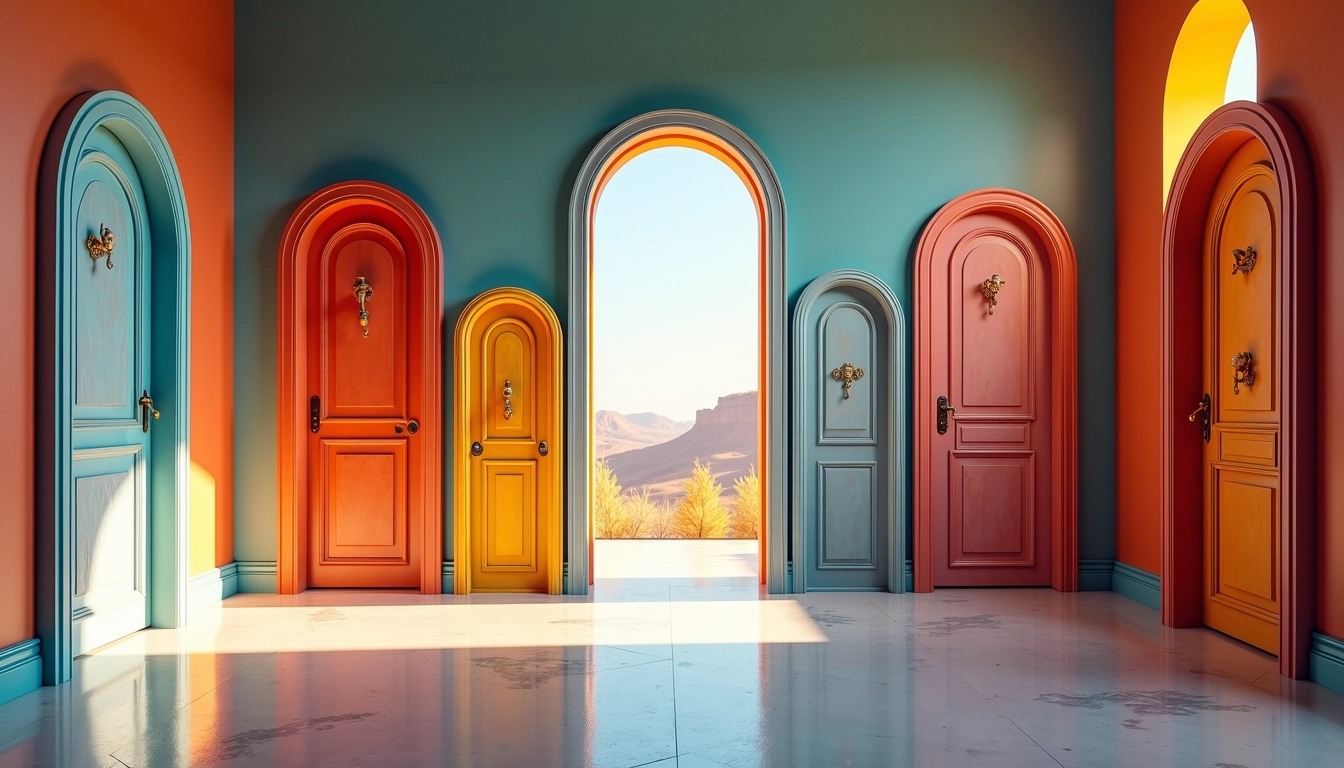 Design a room with a high ceiling, where the walls are adorned with a variety of uniquely shaped doors, each painted in different colors and styles. Instead of traditional door designs, incorporate abstract patterns and artistic motifs. Create a reflective floor that adds depth to the space, enhancing the sense of dimension. The lighting should be soft yet striking, illuminating the doors from above. Remove any brand references and ensure the overall atmosphere feels whimsical and inviting, encouraging exploration and curiosity.