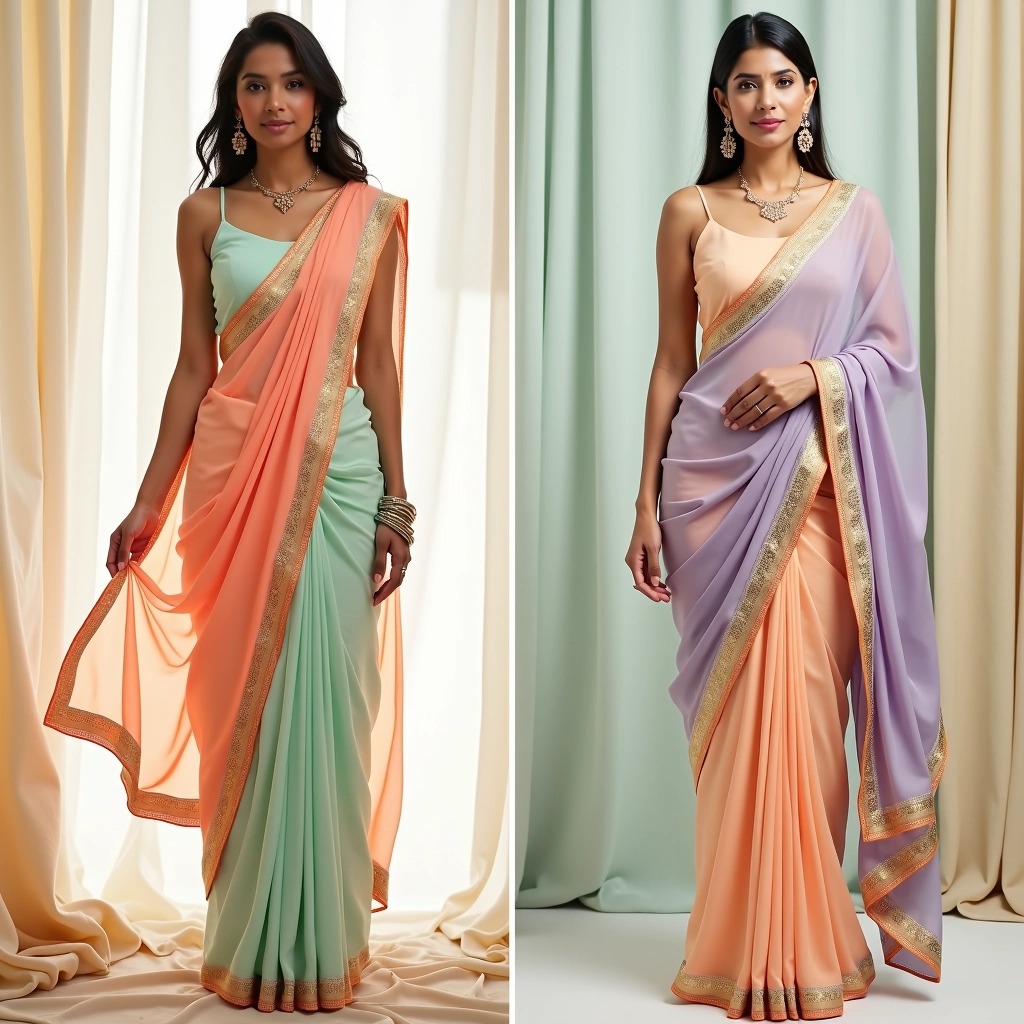**Design Breakdown Prompt:**
1. **Saree Style:**
- Traditional single drape with a contemporary twist.
- Incorporate a peplum blouse instead of a fitted one.
2. **Color Palette:**
- Use pastel shades like mint green, lavender, and light peach instead of vibrant orange and pink.
- Integrate gold accents but minimize their prominence.
3. **Pattern Design:**
- Replace intricate motifs with abstract geometric shapes.
- Simplify borders with a single color rather than multi-stripe varieties.
4. **Accessories:**
- Use minimalistic jewelry, like thin bangles and a single statement earring.
- Remove heavy necklace; instead opt for a delicate chain.
5. **Backdrop:**
- Change the background to a soft white with light fabric drapes instead of golden hues.
6. **Pose and Expression:**
- Adjust the model's pose to a more casual stance, possibly leaning slightly.
- Opt for a subtle smile instead of a formal expression.
This transformation will provide a modern, elegant take on the original design while removing brand associations.
