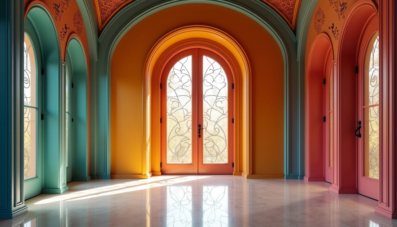 Create an interior space featuring a series of arched doorways in vibrant, contrasting colors such as teal, coral, mustard, and deep burgundy. The walls should have a textured finish with moldings, and the ceiling should be adorned with intricate, floral patterns. The floor should be polished and glossy, reflecting the colors of the walls. In the center, include a set of double doors with elegant, abstract glass panels that let in natural light, while ensuring the overall ambiance feels warm and inviting.