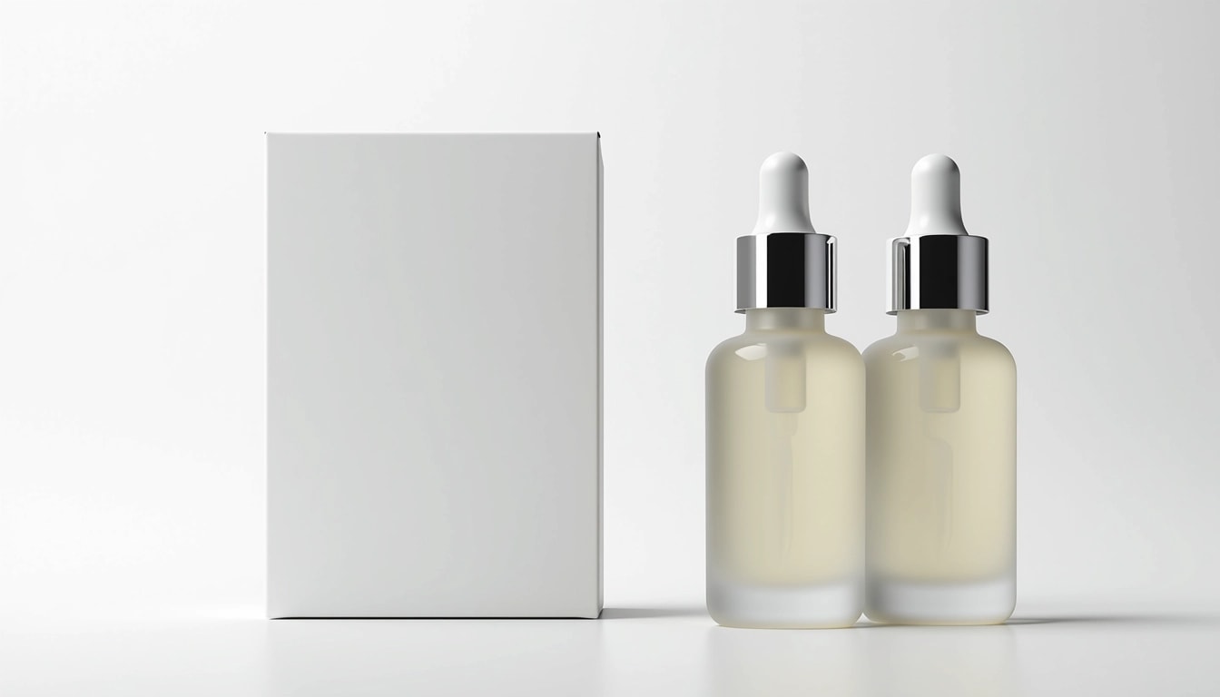 Create a design featuring two sleek, frosted glass dropper bottles with silver droppers, placed on a white background. Include a minimalistic, clear packaging design next to them. The bottles should have simple, elegant labels without specific brand references or text. The overall look should convey a modern and clean aesthetic, focusing on the premium nature of the product.