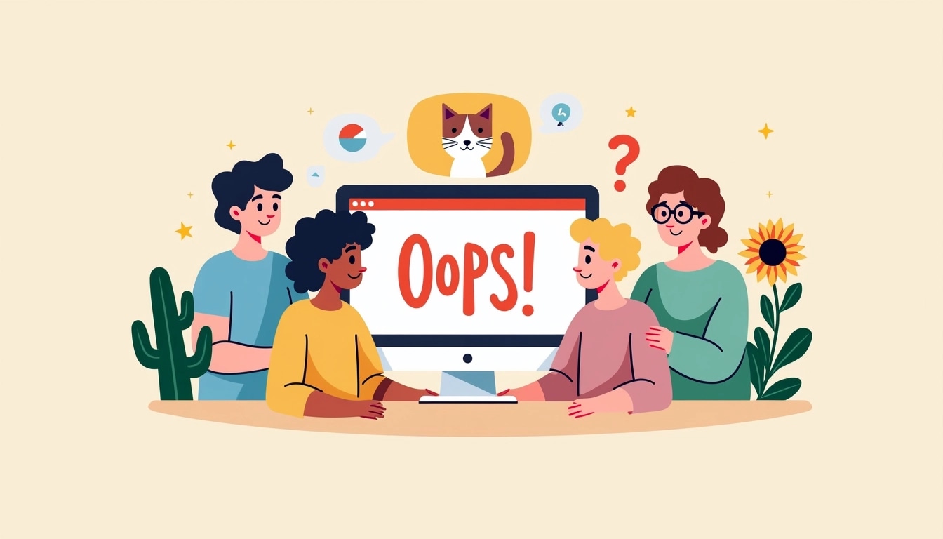 Create a design with the following features:
1. **Theme**: Instead of a "404" error message, use "Oops!" in large, playful text.
2. **Characters**: Illustrate three diverse characters - one with short brown hair, one with curly black hair, and one with light brown hair wearing glasses. Ensure they are looking at a screen with a friendly expression.
3. **Background**: Change the background color to a soft beige for a warm feel.
4. **Screen Content**: Replace the content on the screen with a fun graphic, like a confused cat or a colorful chart, instead of a website error.
5. **Plants**: Use different types of plants—like a cactus and a sunflower—placed around the characters for added cheerfulness.
6. **Color Palette**: Use pastel colors for the clothing, like light blue, pink, and green, to give it a lighter, more inviting look.
This alteration keeps the theme of confusion but transforms the mood into a lighthearted and friendly atmosphere.