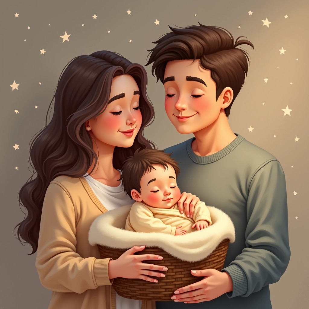 Create an image depicting a serene scene with two figures—one male and one female—gently holding a small, swaddled baby in a cozy basket. Change their clothing to contemporary, soft-toned outfits, such as a cardigan for the female and a sweater for the male. Remove any celestial elements and instead, place them in a warm, indoor setting with soft lighting. Instead of a starry background, illustrate a simple, textured wall to provide a homey feel.