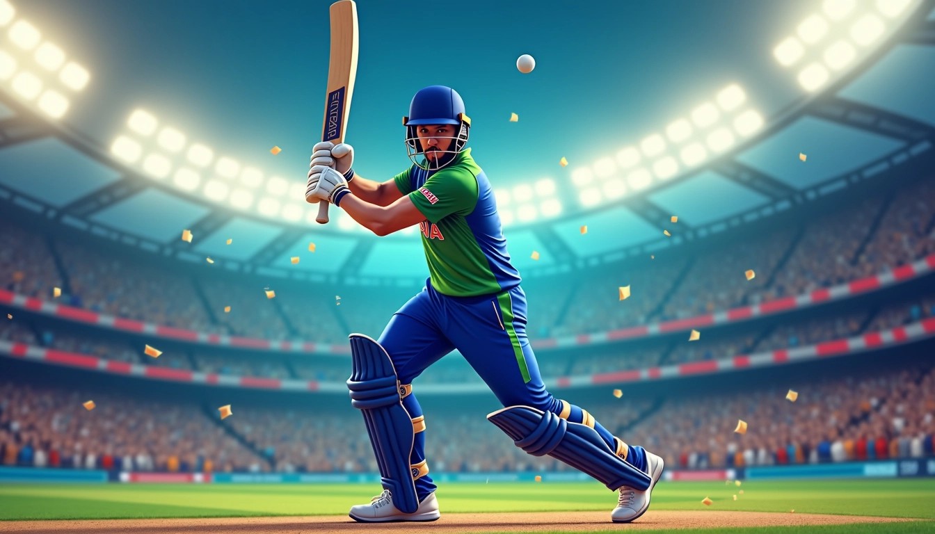 Create an image of a cricket player in an intense action pose, swinging a bat. Change the player’s jersey colors to blue and green, and remove any logos or brand references. Instead of a national flag, feature abstract shapes in the background to suggest energy. The setting should be a lively stadium filled with cheering fans under bright stadium lights, capturing the excitement of the game.