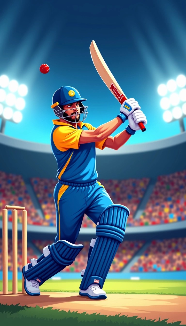Create an illustration of a cricketer in a dynamic batting pose, wearing a blue and yellow jersey without any brand logos. The cricketer should be portrayed hitting a cricket ball, with vibrant motion lines to suggest speed. The background features an enthusiastic crowd in a stadium under bright floodlights, and instead of national flags, include abstract designs that represent sportsmanship and unity. Add a set of stumps and blur the crowd slightly to focus on the player.