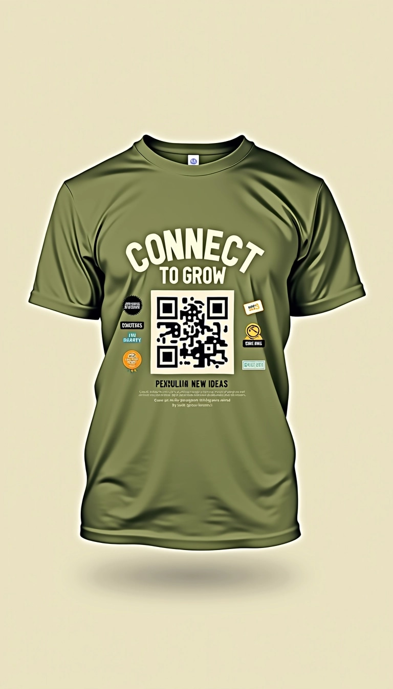 Create a design for a t-shirt that features a bold, simple slogan at the top, such as "CONNECT TO GROW". Below it, place a prominent QR code that leads to a digital resource or community. The shirt should be a light olive green color with a clean and modern look.
Incorporate playful text elements around the QR code that say "EXPLORE NEW IDEAS" and "JOIN THE CHAT", using a mix of bold and regular fonts. Position subtle graphics related to technology and community around the text. Make sure the overall design feels fresh and inviting, suitable for a casual, friendly atmosphere.