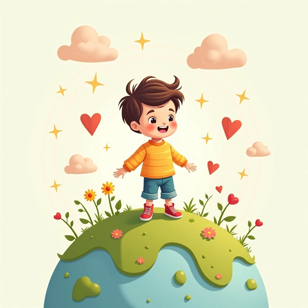 Create an illustration of a young boy with messy hair, standing on a small planet covered in patches of grass and flowers. Change the color theme to pastel shades, incorporating soft yellows, greens, and blues. Instead of stars, use whimsical clouds and floating hearts around the boy. Remove any text and branding elements, focusing solely on the boy and the planetary landscape.