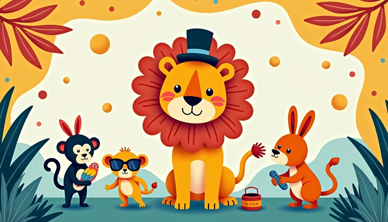 Create a whimsical illustration featuring a central large animal, such as a lion, standing proudly. Surround it with a variety of smaller animals, including a monkey wearing sunglasses, a colorful parrot perched nearby, and a playful rabbit. Incorporate a background with vibrant, solid colors and a fun patterned border featuring geometric shapes instead of brand elements. Add quirky accessories, like a top hat on the lion and a small musical instrument carried by the monkey, to enhance the playful nature of the design.
