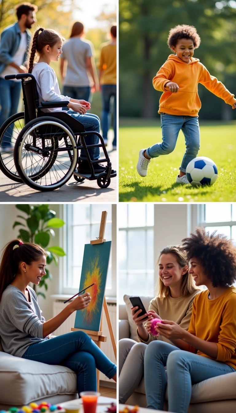 Create an image that features four quadrants, each showcasing different activities:
1. **Top Left Quadrant**: A person in a wheelchair engaging in a game of basketball with friends in a park setting. The wheelchair should be modern and sleek, and the individuals present should be diverse in appearance and clothing.
2. **Top Right Quadrant**: A young child playing soccer with an adult in the background. Both should be laughing and enjoying the game in a sunny, green park. The child could wear a bright hoodie and the adult a casual shirt.
3. **Bottom Left Quadrant**: Two individuals—one male and one female—are collaboratively painting on a canvas. Their expressions should convey focus and creativity. In the background, there should be colorful art supplies scattered around.
4. **Bottom Right Quadrant**: Two women sitting on a comfortable couch, sharing a fun moment while one is knitting and the other is using a mobile phone. They should appear relaxed and joyful, with cozy home decor surrounding them.
The overall mood should be vibrant and positive, emphasizing inclusivity and creativity in communal activities.