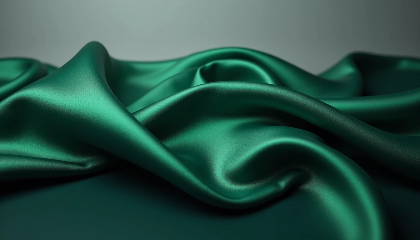 Create an image featuring flowing satin fabric in deep emerald green with soft, billowing folds and gentle creases. Adjust the lighting to create a serene atmosphere, with subtle highlights that enhance the sheen of the fabric. Incorporate a gradient background that transitions from a soft gray at the bottom to a rich navy blue at the top, adding depth and contrast to the overall composition.
